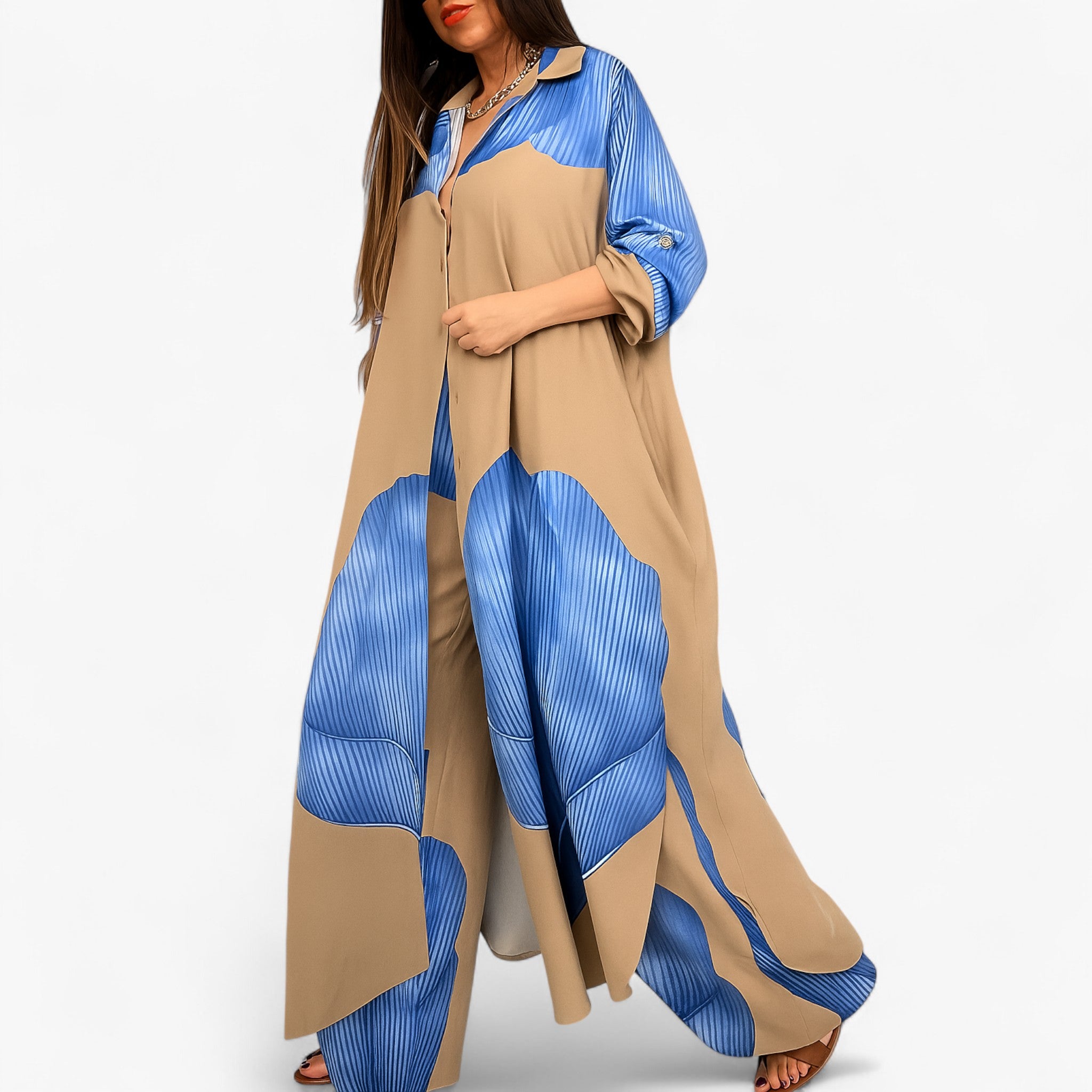 Amelia | Kvinders Elegant Sæt med Skjorte og Bukser - Blå-Khaki - Kvinders tøj - {{ product_tags }