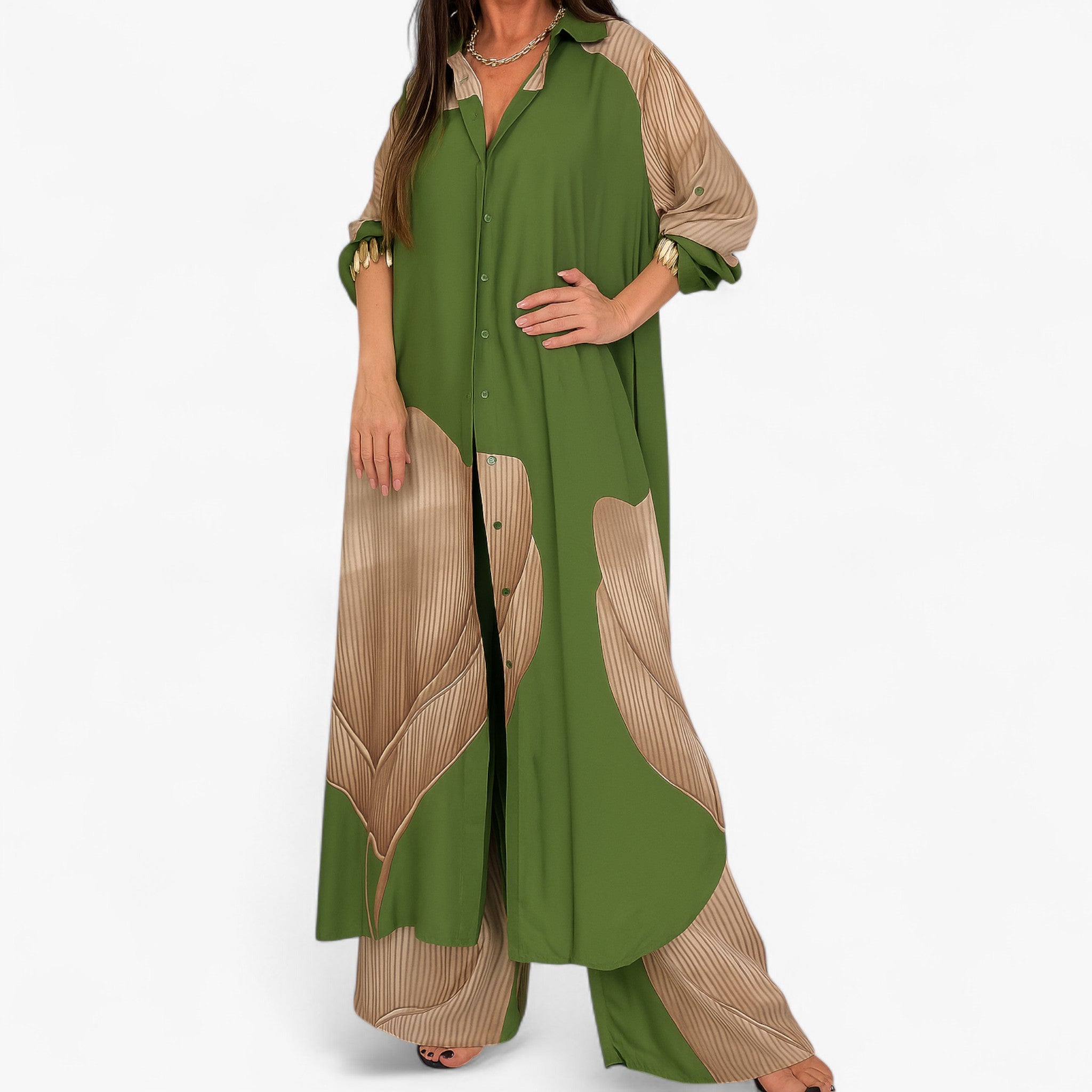 Amelia | Kvinders Elegant Sæt med Skjorte og Bukser - Grøn-Khaki - Kvinders tøj - {{ product_tags }