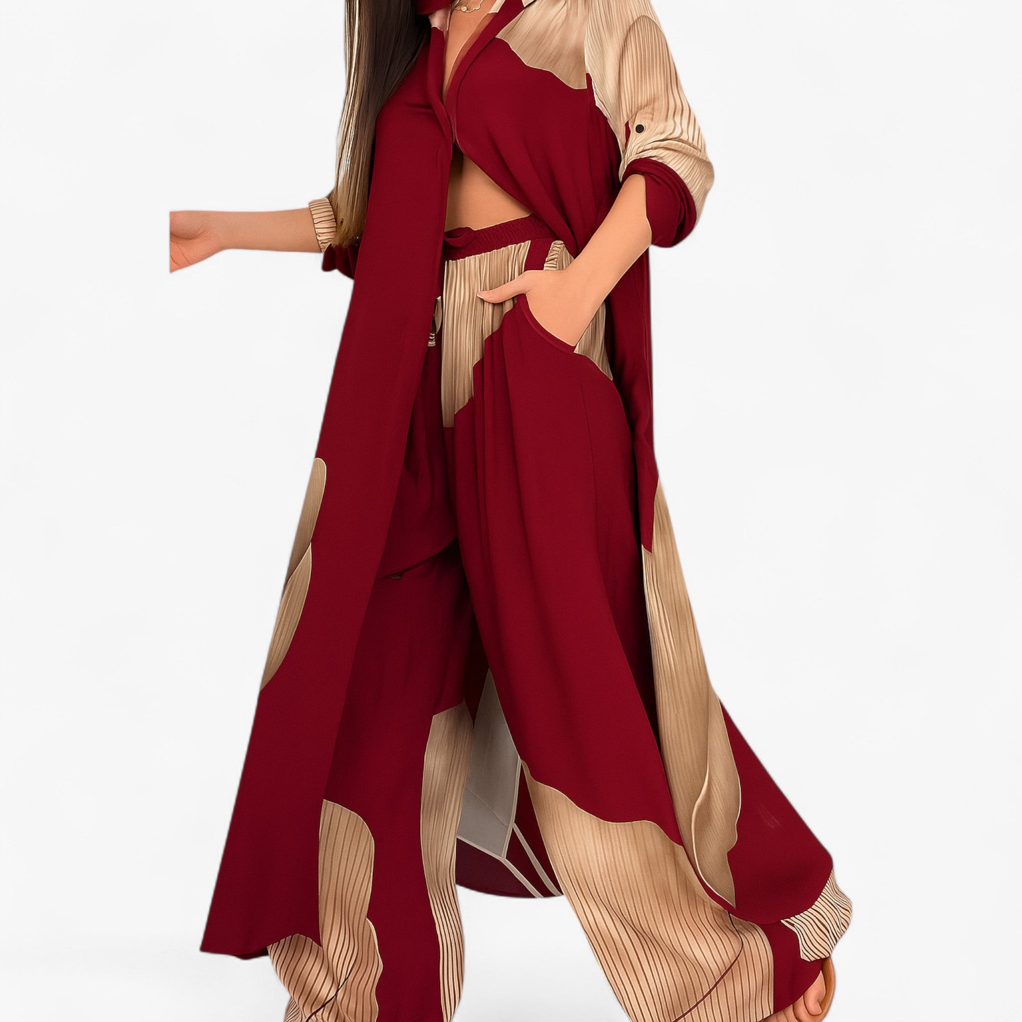 Amelia | Kvinders Elegant Sæt med Skjorte og Bukser - Rød-Khaki - Kvinders tøj - {{ product_tags }