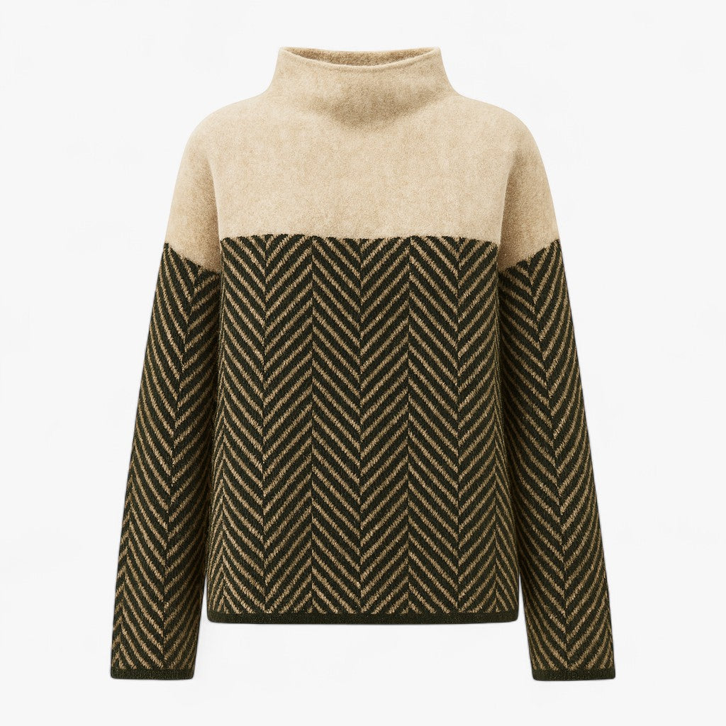 Ella | Dame Striktrøje med Høj Krave og Mønster - Brun - Sweatre - {{ product_tags }