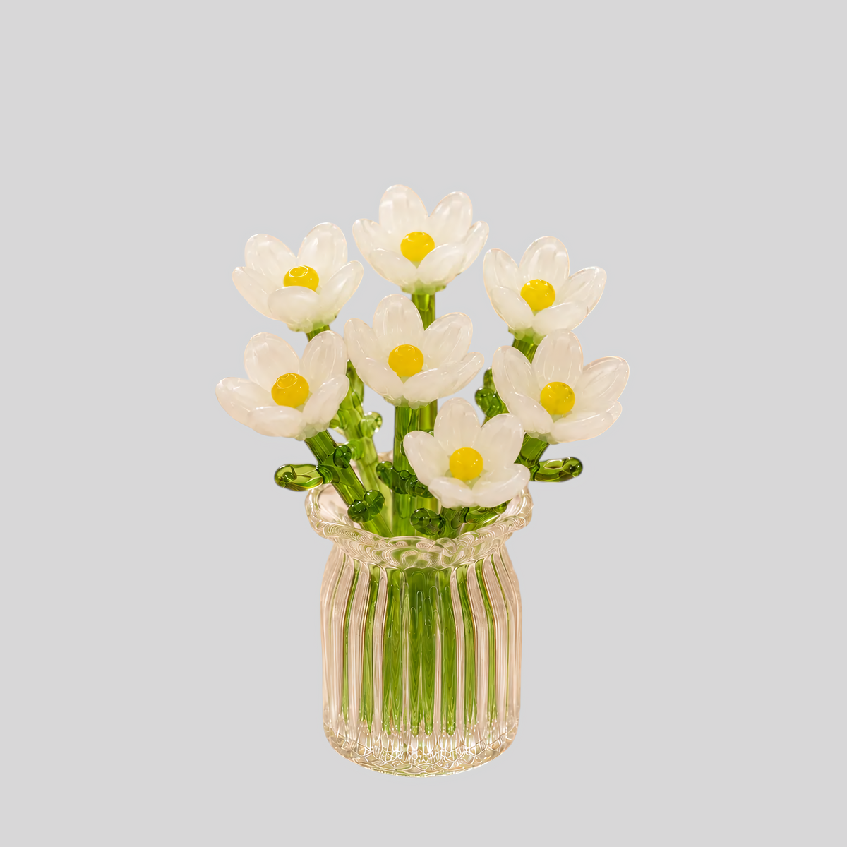 Glasblomstersæt Miniatyr - Håndblæst Glas, Evig Dekoration Inkl. - 7pcs Hvidt Sæt + Vase - 0