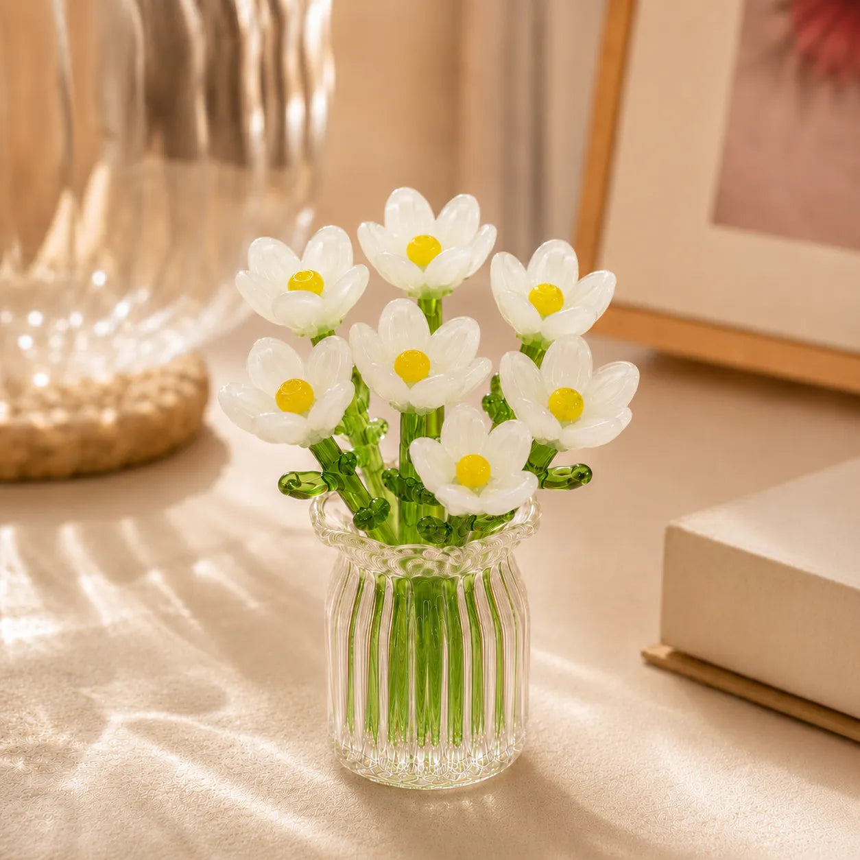 Glasblomstersæt Miniatyr - Håndblæst Glas, Evig Dekoration Inkl. - 7pcs Hvidt Sæt + Vase - 0 - {{ product_tags }