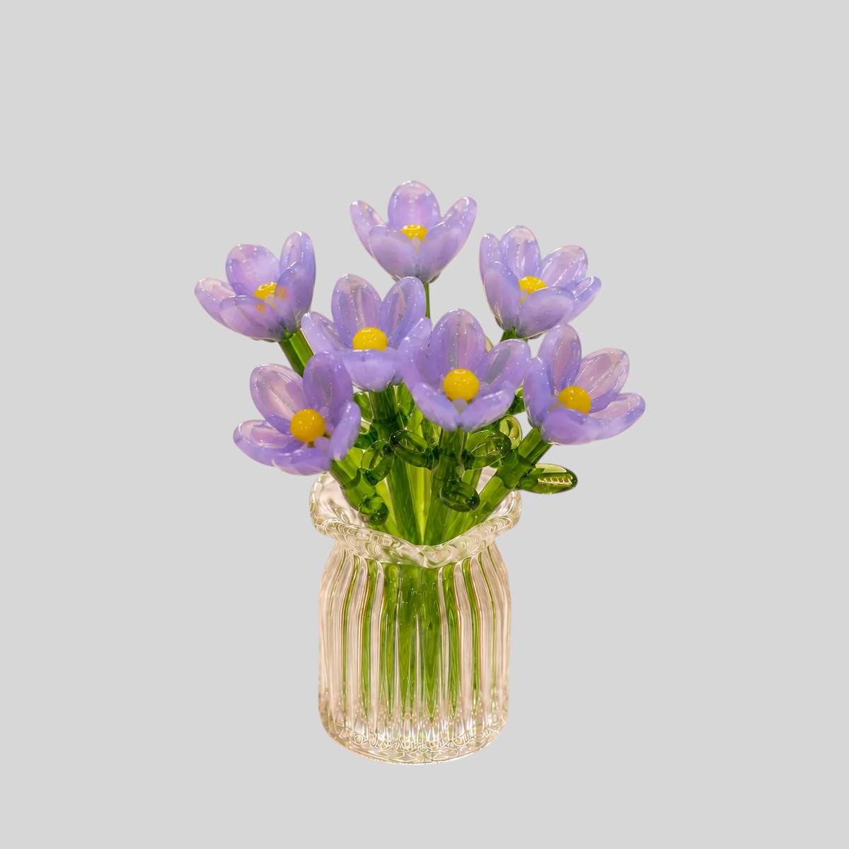 Glasblomstersæt Miniatyr - Håndblæst Glas, Evig Dekoration Inkl. - 7pcs Lilla Sæt + Vase - 0