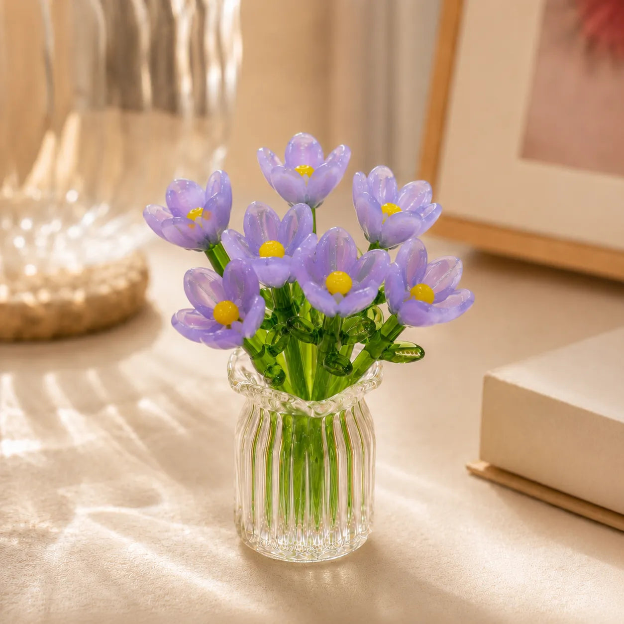 Glasblomstersæt Miniatyr - Håndblæst Glas, Evig Dekoration Inkl. - 7pcs Lilla Sæt + Vase - 0 - {{ product_tags }