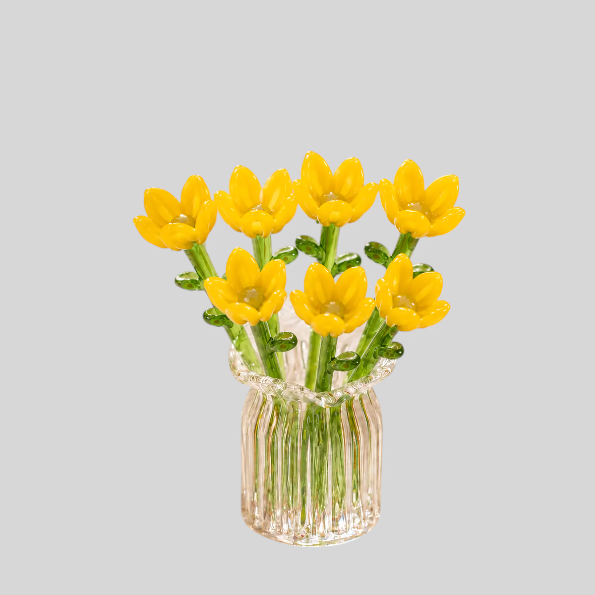 Glasblomstersæt Miniatyr - Håndblæst Glas, Evig Dekoration Inkl. - 7pcs Gult Sæt + Vase - 0