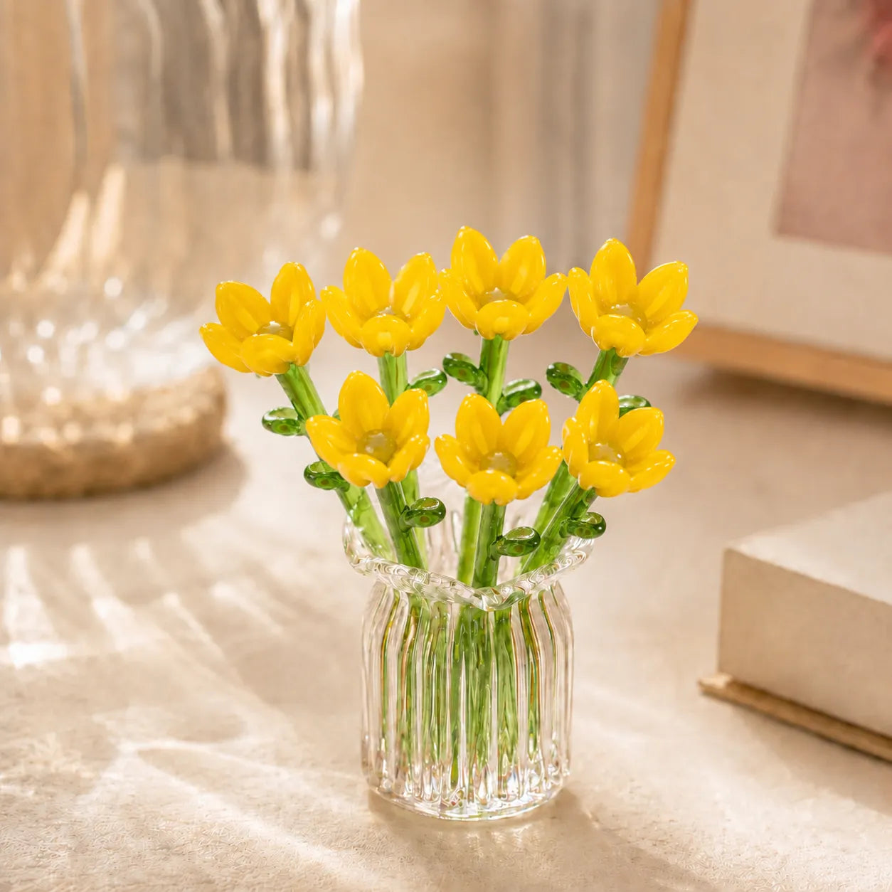 Glasblomstersæt Miniatyr - Håndblæst Glas, Evig Dekoration Inkl. - 7pcs Gult Sæt + Vase - 0 - {{ product_tags }