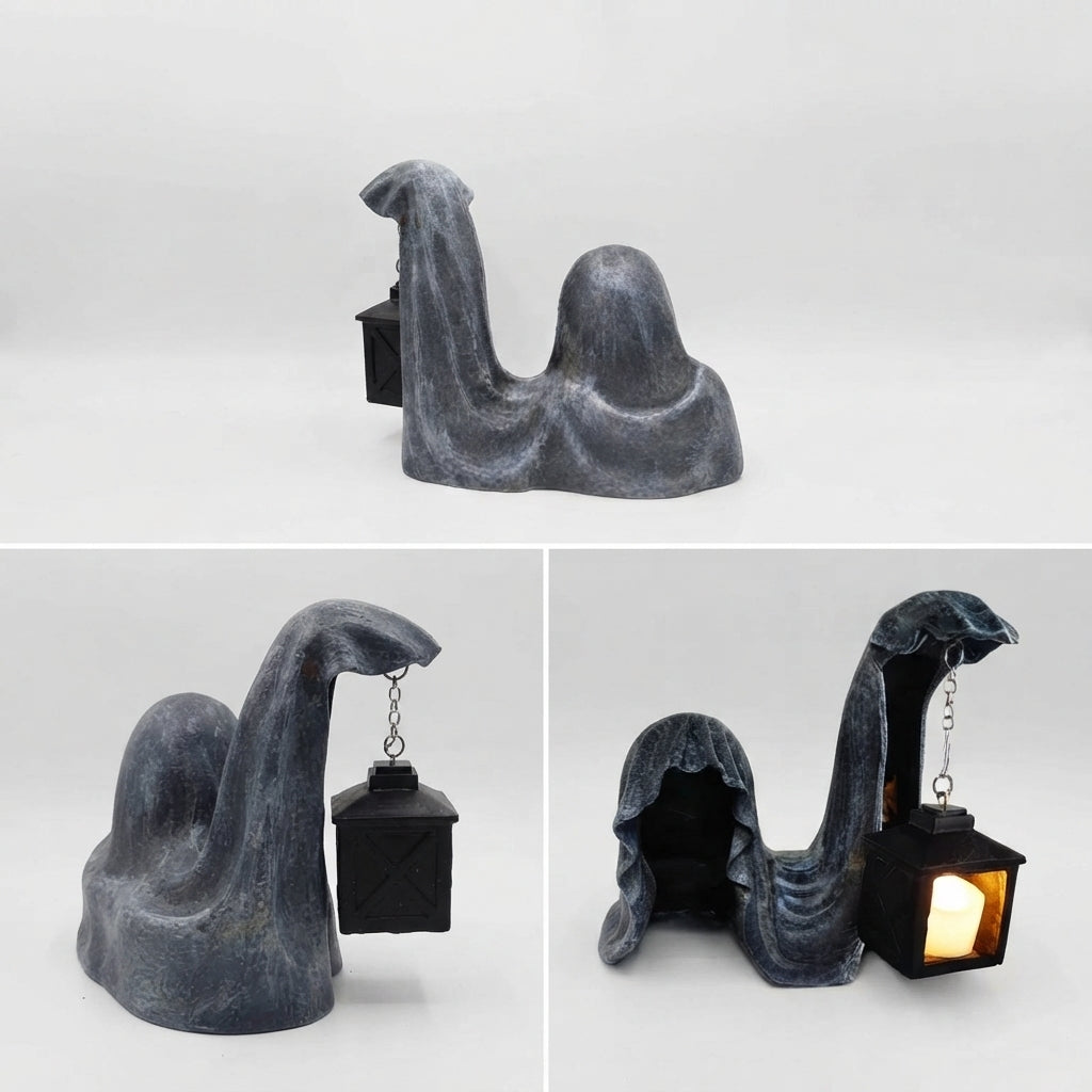 Spøgelsesfigur med Lanterne - Lysende Halloween-dekoration, Grå