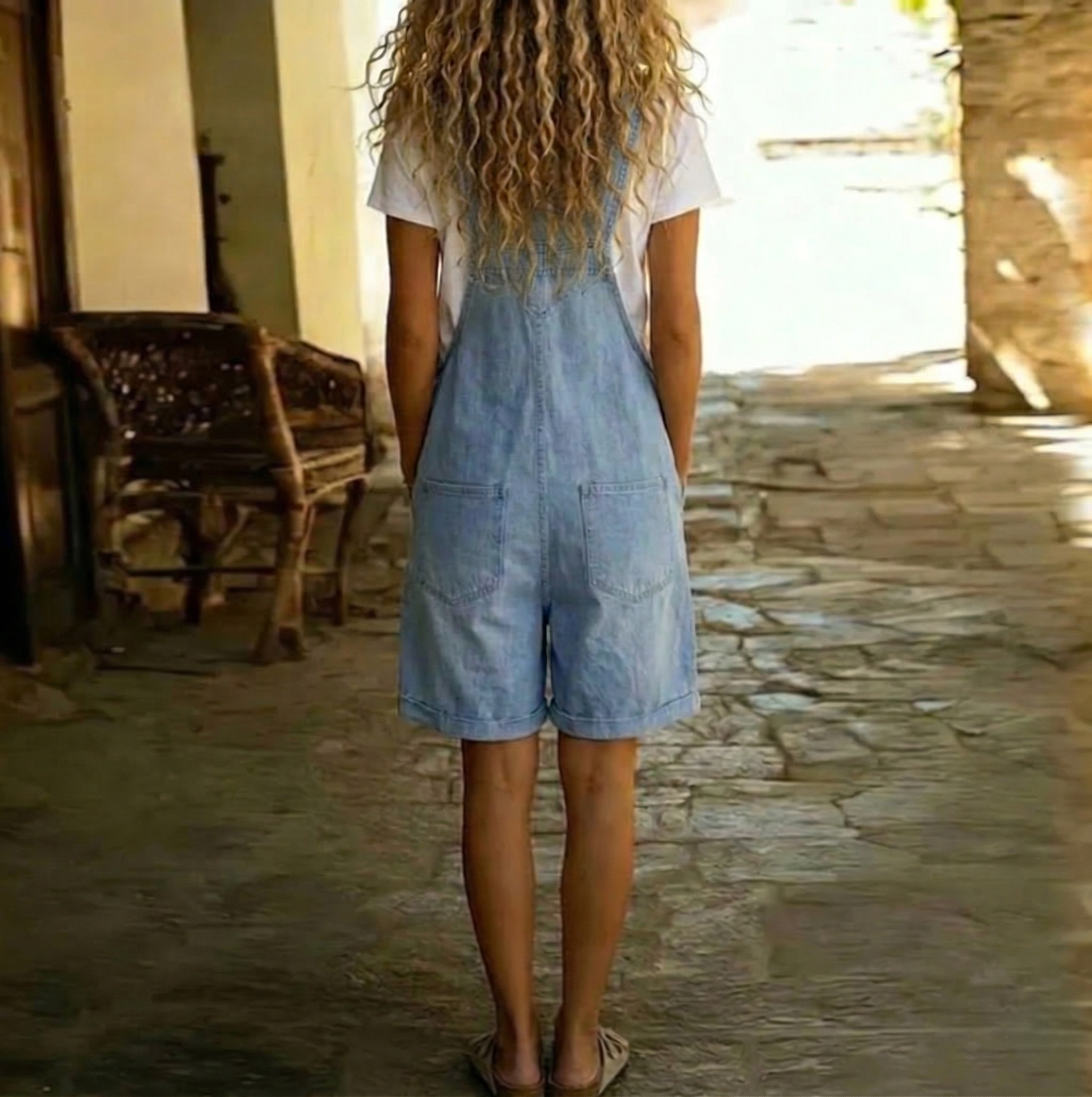 Michelle - Vintage Vasket Blød Bomuldsfølelse Denim Kort Overall Lyseblå