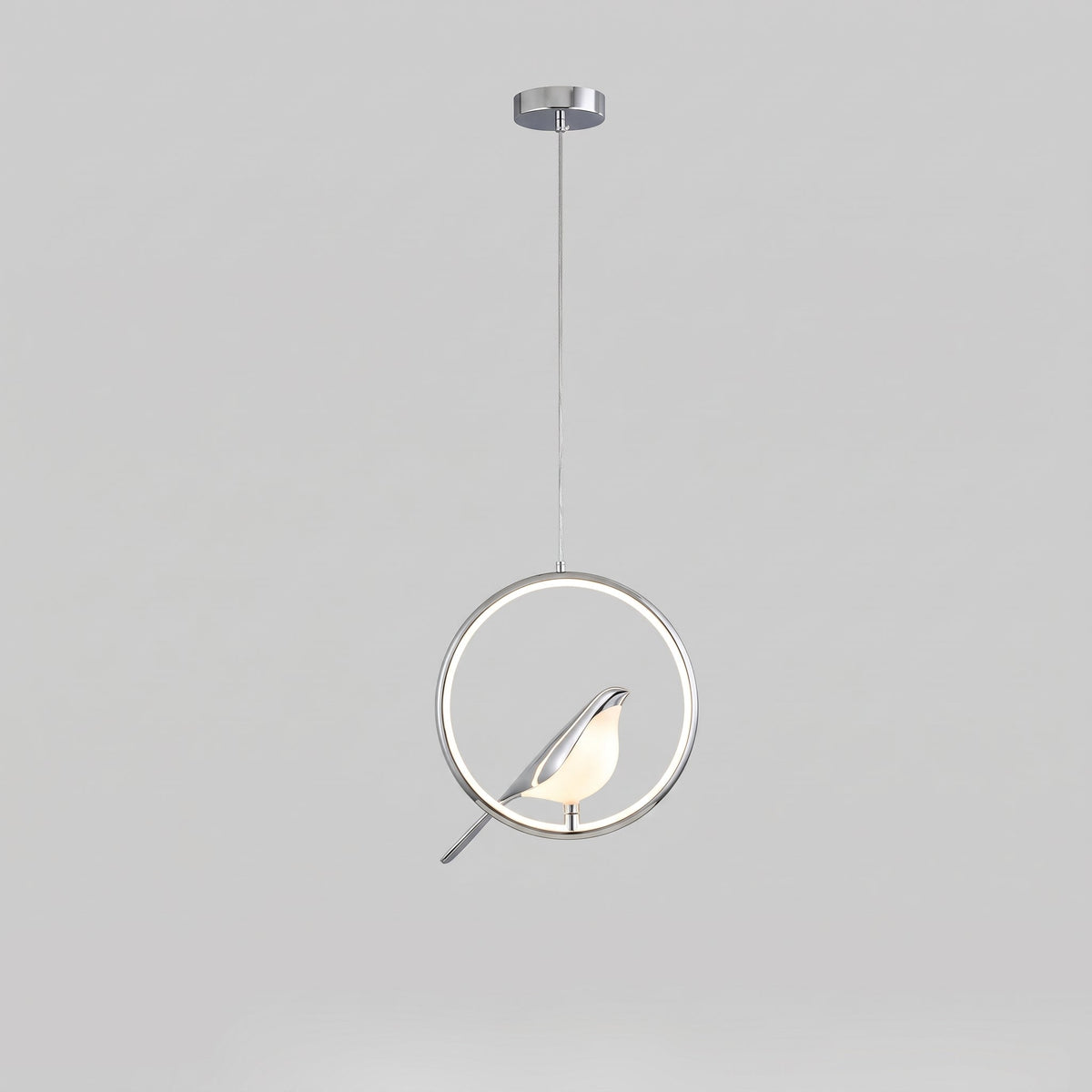 Gylden Fugl Pendel-lampe – LED Skulptur Loftslampe - Rund 29cm. Sølv - Pendant Light - {{ product_tags }