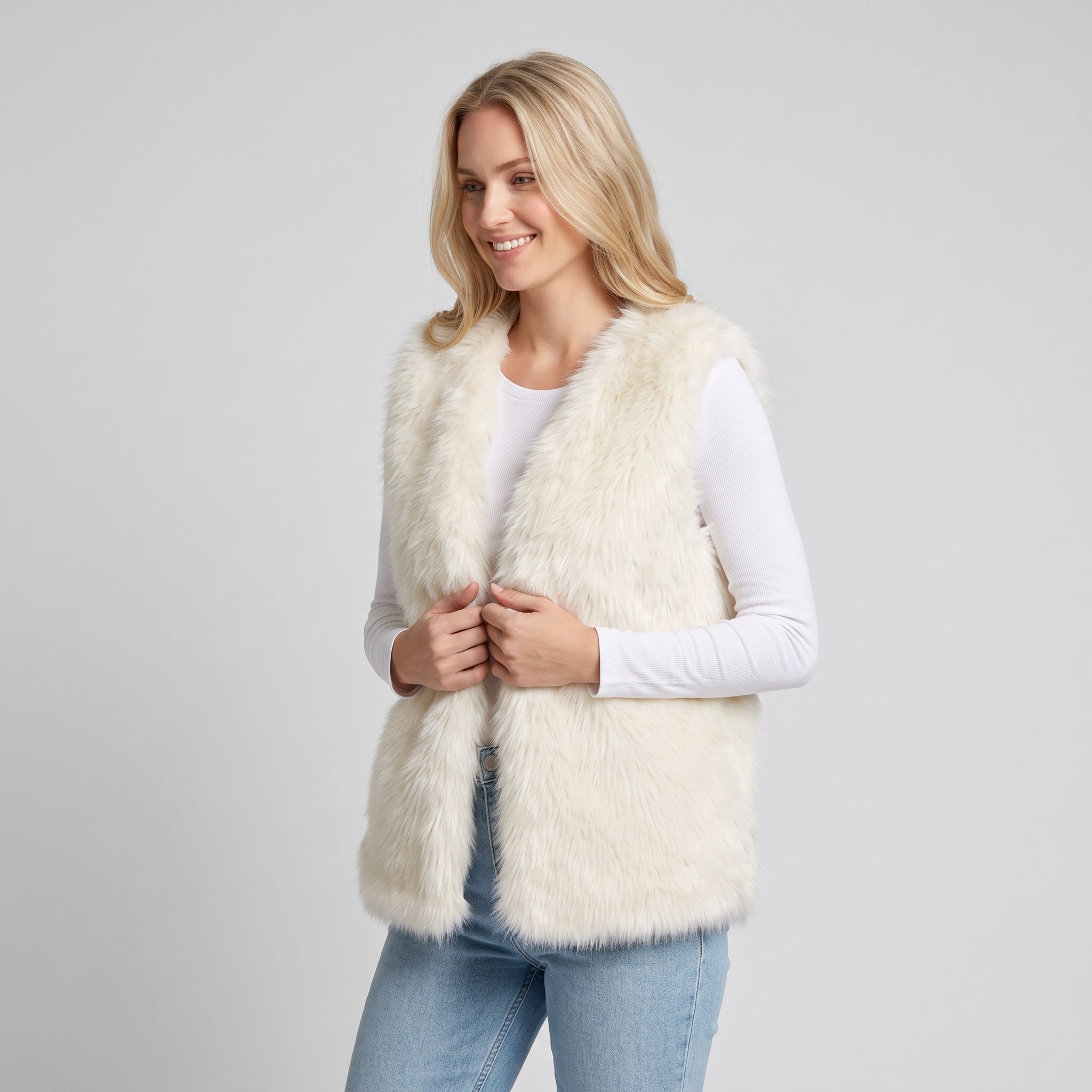 Dame Faux Pelsvest - Åben Front, Løs Pasform og Varm - - AS - Womens - Top - {{ product_tags }