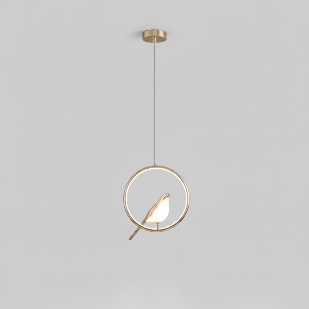 Gylden Fugl Pendel-lampe – LED Skulptur Loftslampe - Rund 29cm. Guld - Pendant Light - {{ product_tags }