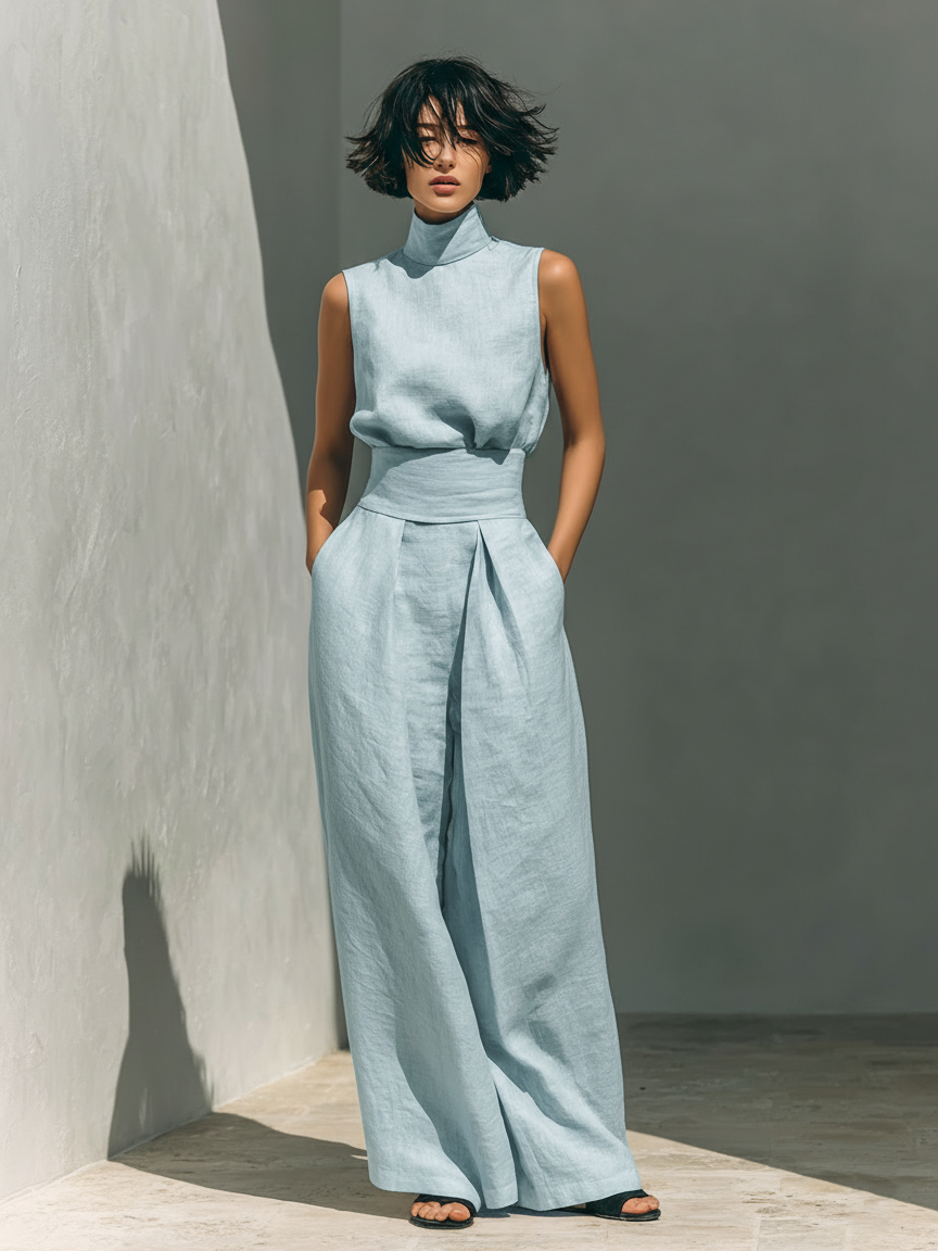 Maria™ | Complete set with tank top and wide cotton and linen pants - Light Blue - - {{ product_tags }