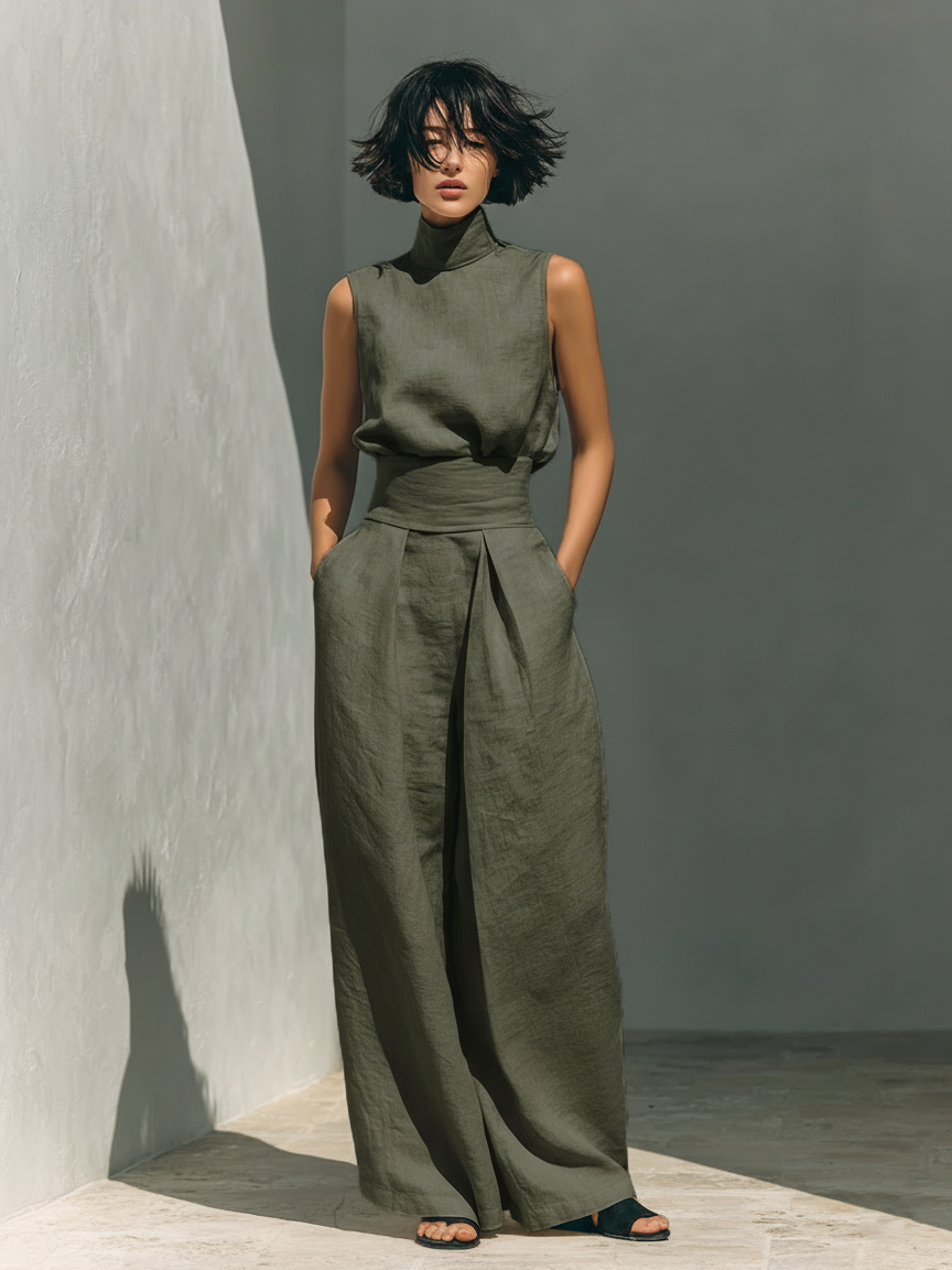 Maria™ | Complete set with tank top and wide cotton and linen pants - Military Green - - {{ product_tags }