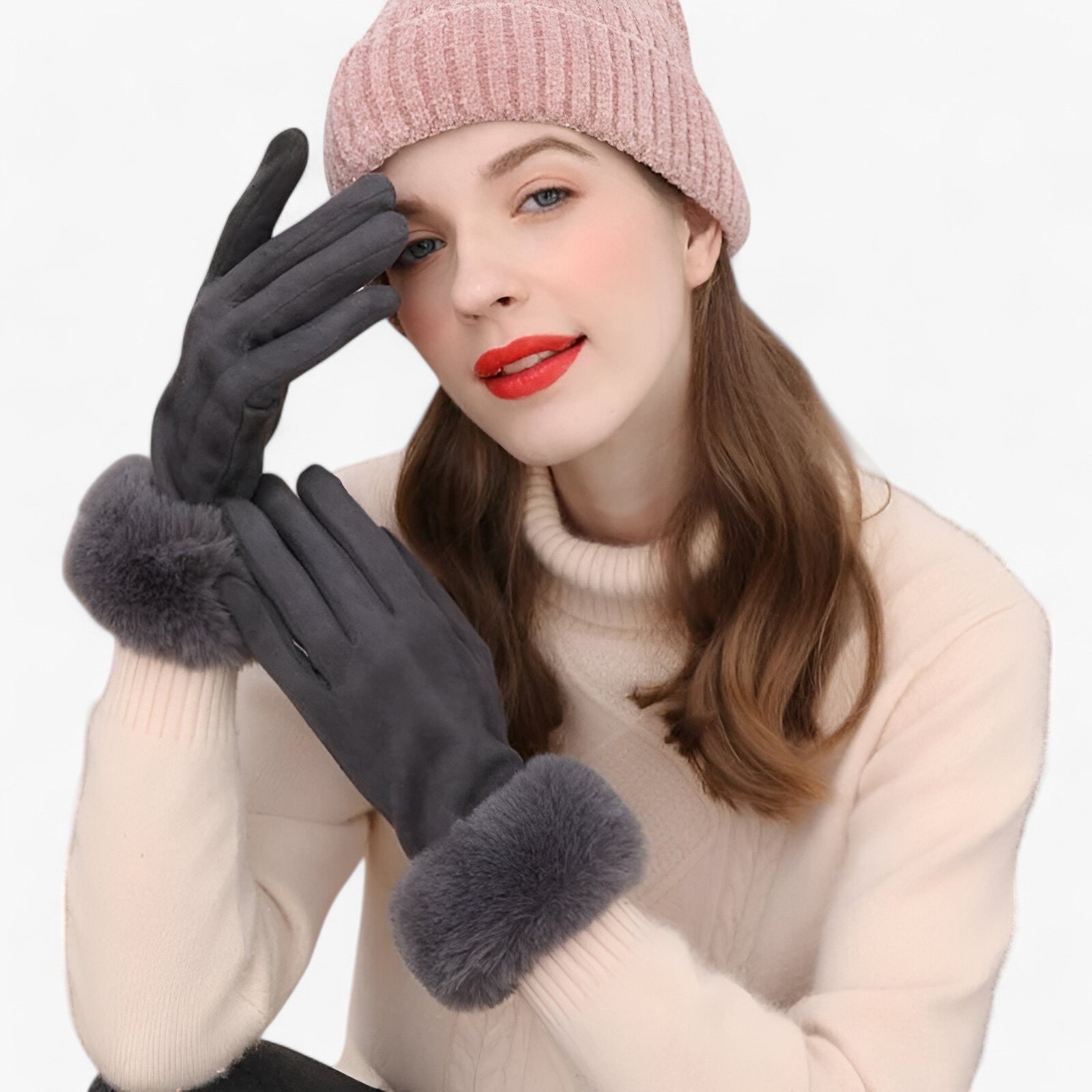 Helena | Varme Suede Touchscreen Handsker med imiteret pels - - winter - {{ product_tags }