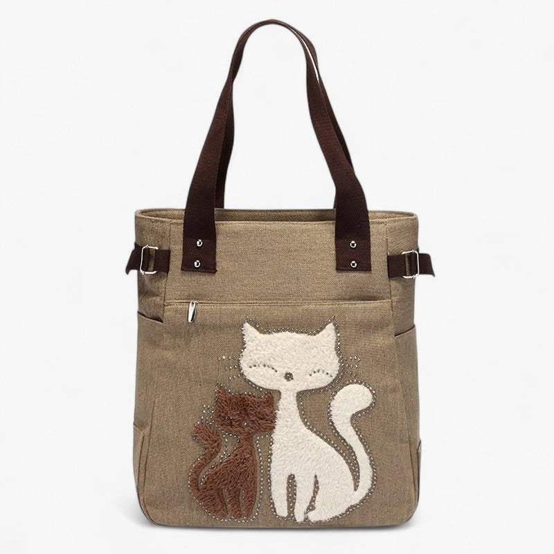 Broderet kat-taske i lærred - Khaki - bags - {{ product_tags }