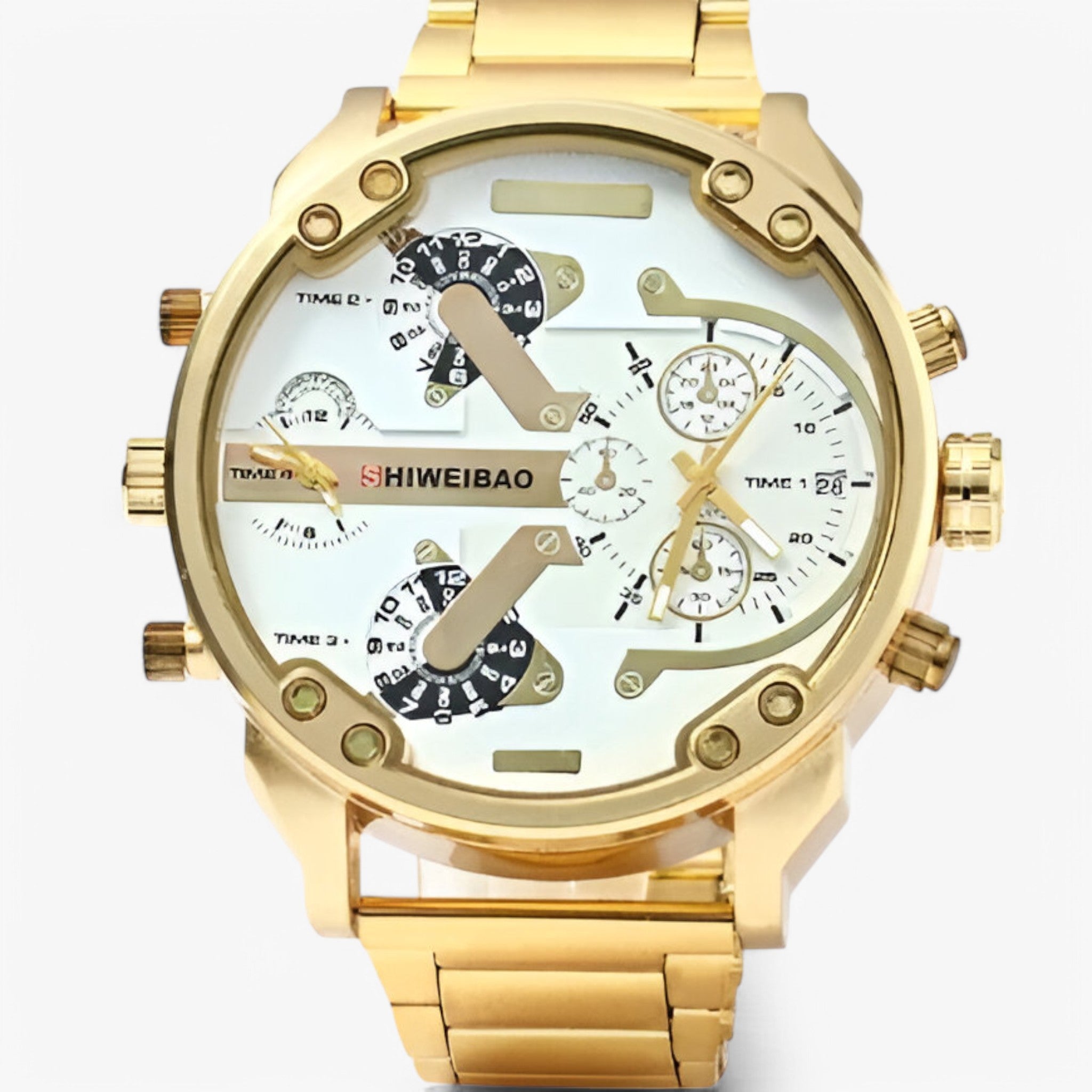 Leonidas | Luksusur lavet af guldfarvet stål med dobbelt tidszone - hvid - watches - {{ product_tags }
