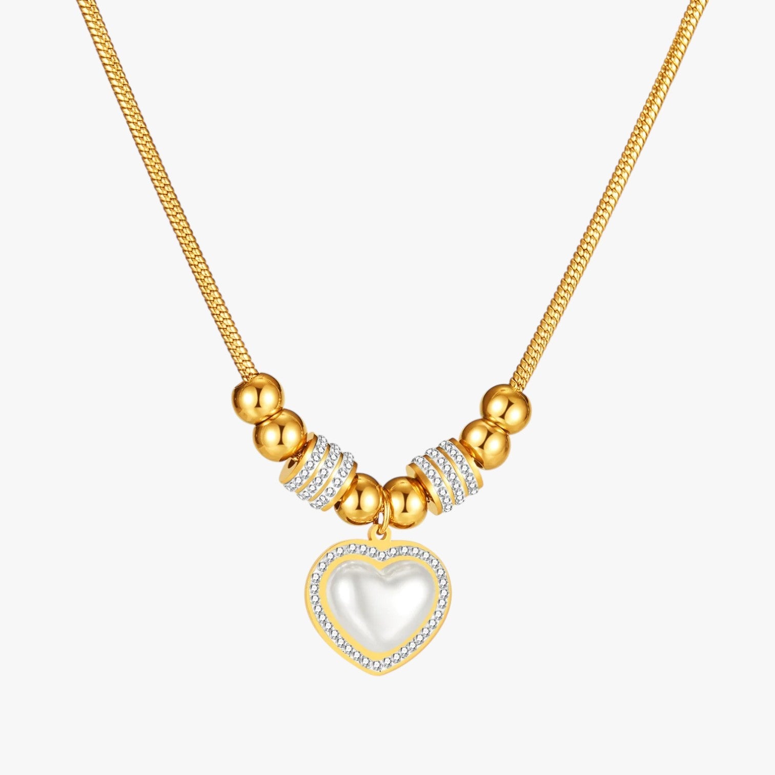 Mariela | Hjerteformet halskæde med zirkoner og perler til festligt look - Sølvguld 415MM+55MM Halskæde - Mariela | Hjerteformet halskæde med zirkoner og perler til festligt look - €25 - {{ product_tags }