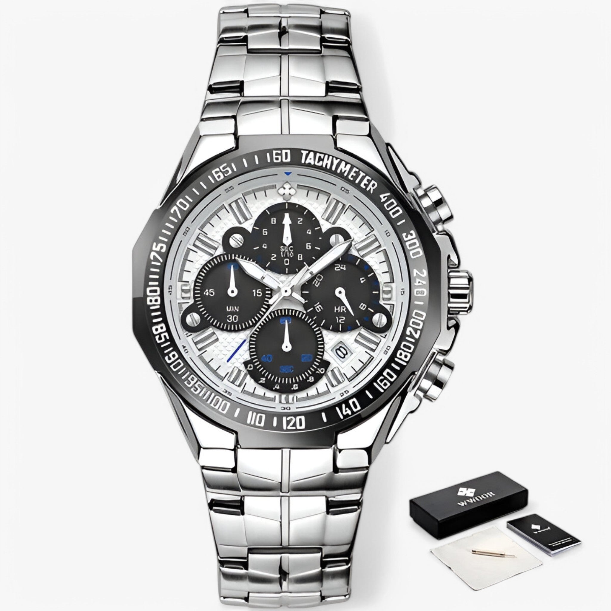 Lucien | Militært kronografur lavet af stål - hvid sølv med æske - watches - {{ product_tags }