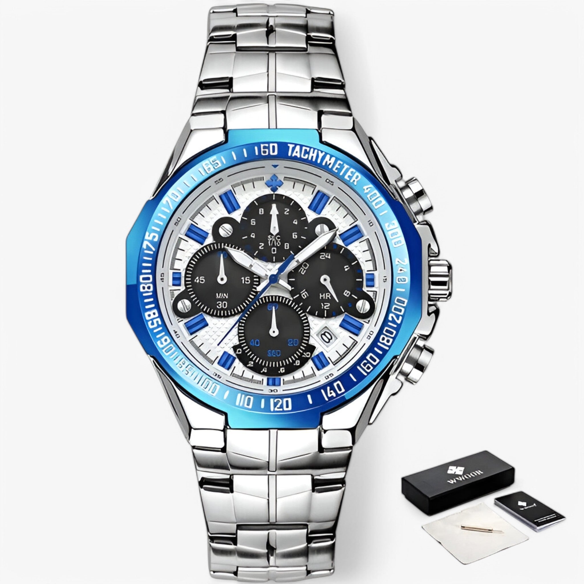 Lucien | Militært kronografur lavet af stål - blå sølv med æske - watches - {{ product_tags }