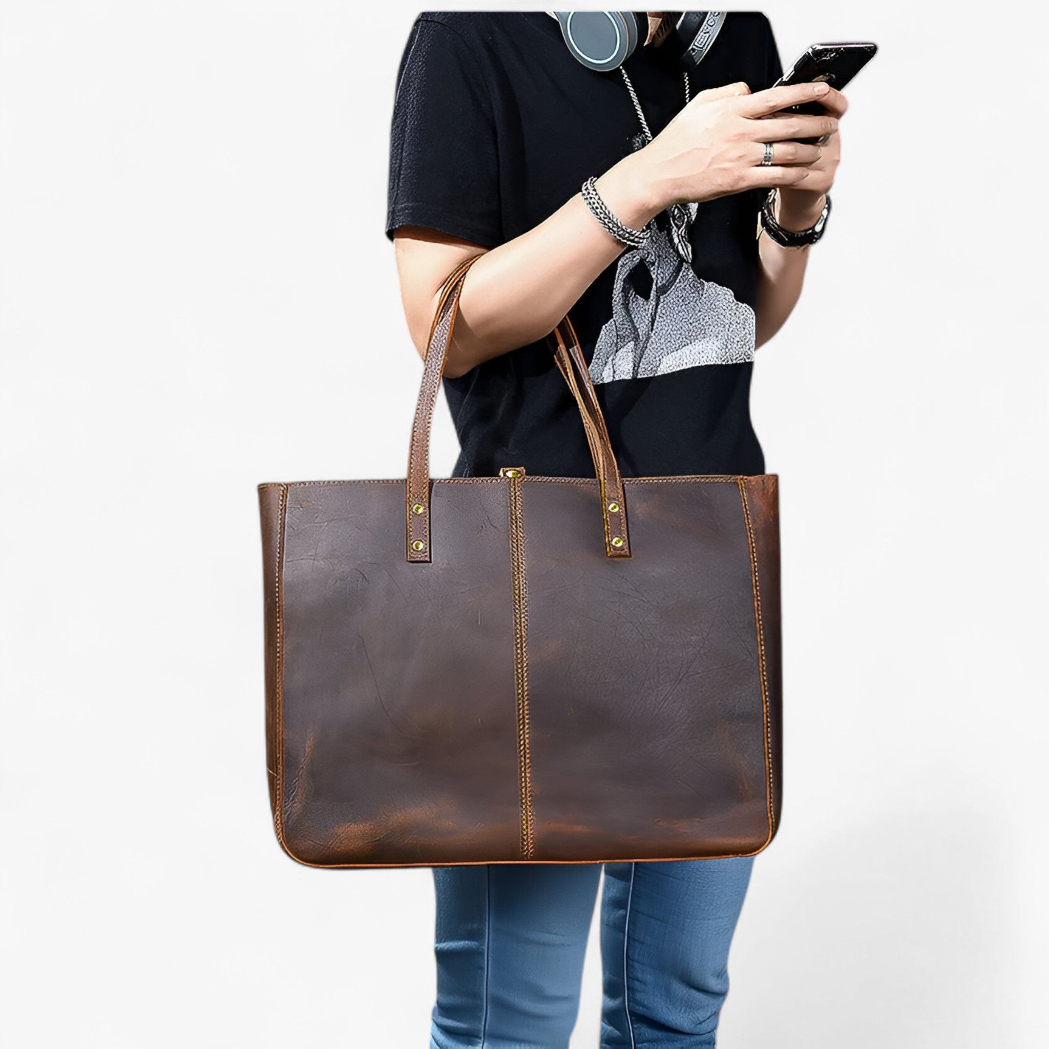 Vintage Læder Tote Taske – Stor Kapacitet - - bags - {{ product_tags }