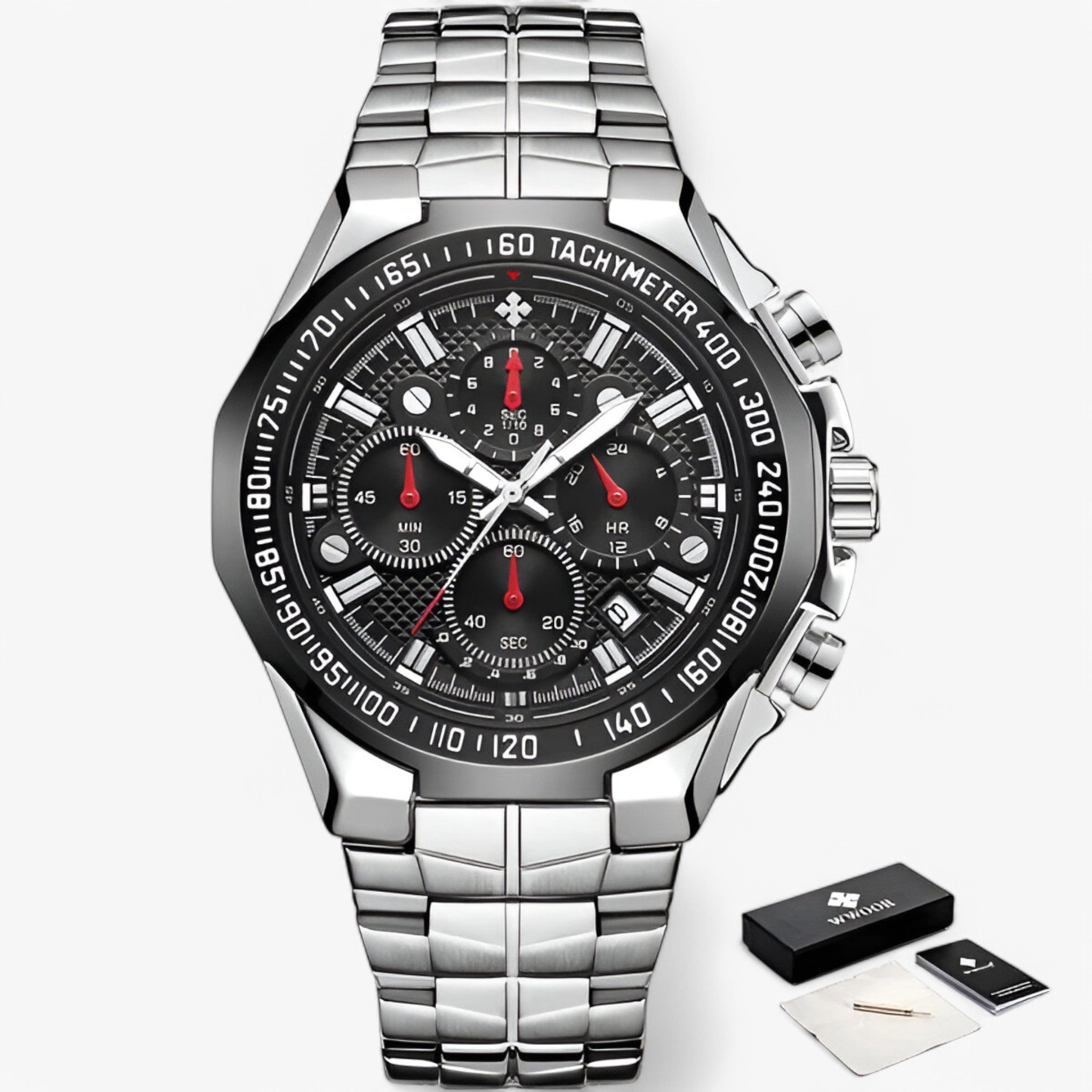 Lucien | Militært kronografur lavet af stål - sort sølv med æske - watches - {{ product_tags }