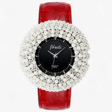 Joanna | Leather watch with black dial and rhinestones