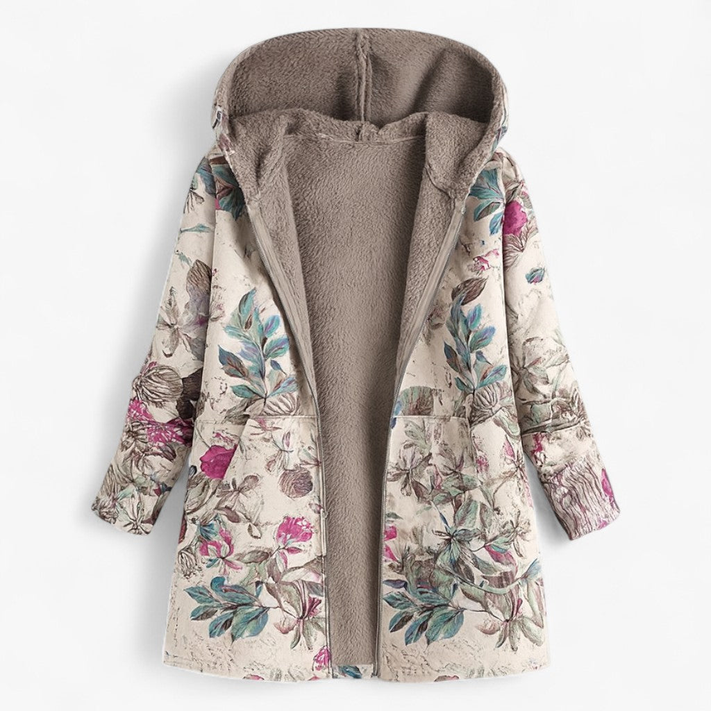 Sonia | Dame Varm Parka Jakke med Foring - Blomster Beige - Parkas - {{ product_tags }
