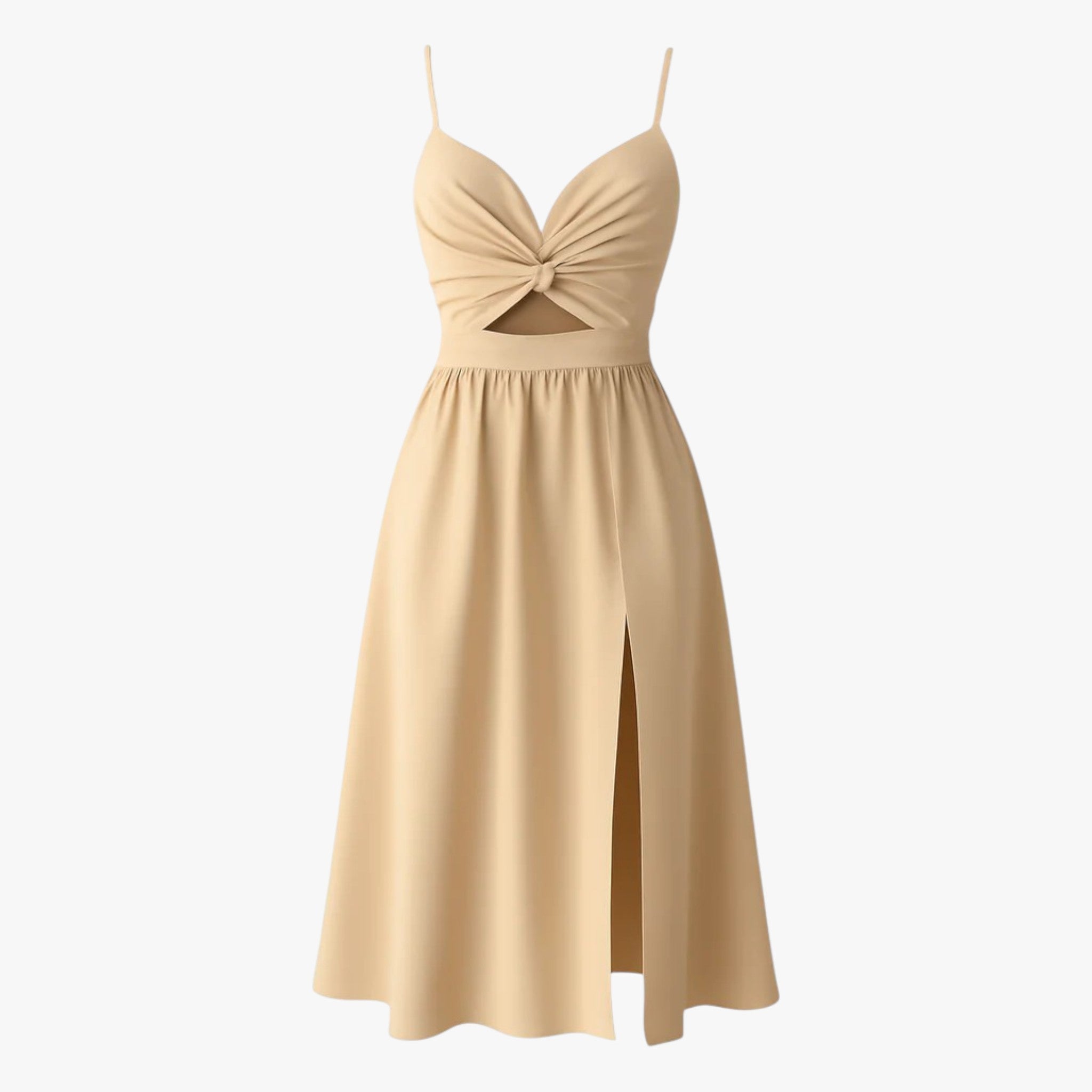 Rhea | Kvindernes Elegante Midi Kjole med Frontspalte - Kaki - Kjoler - {{ product_tags }
