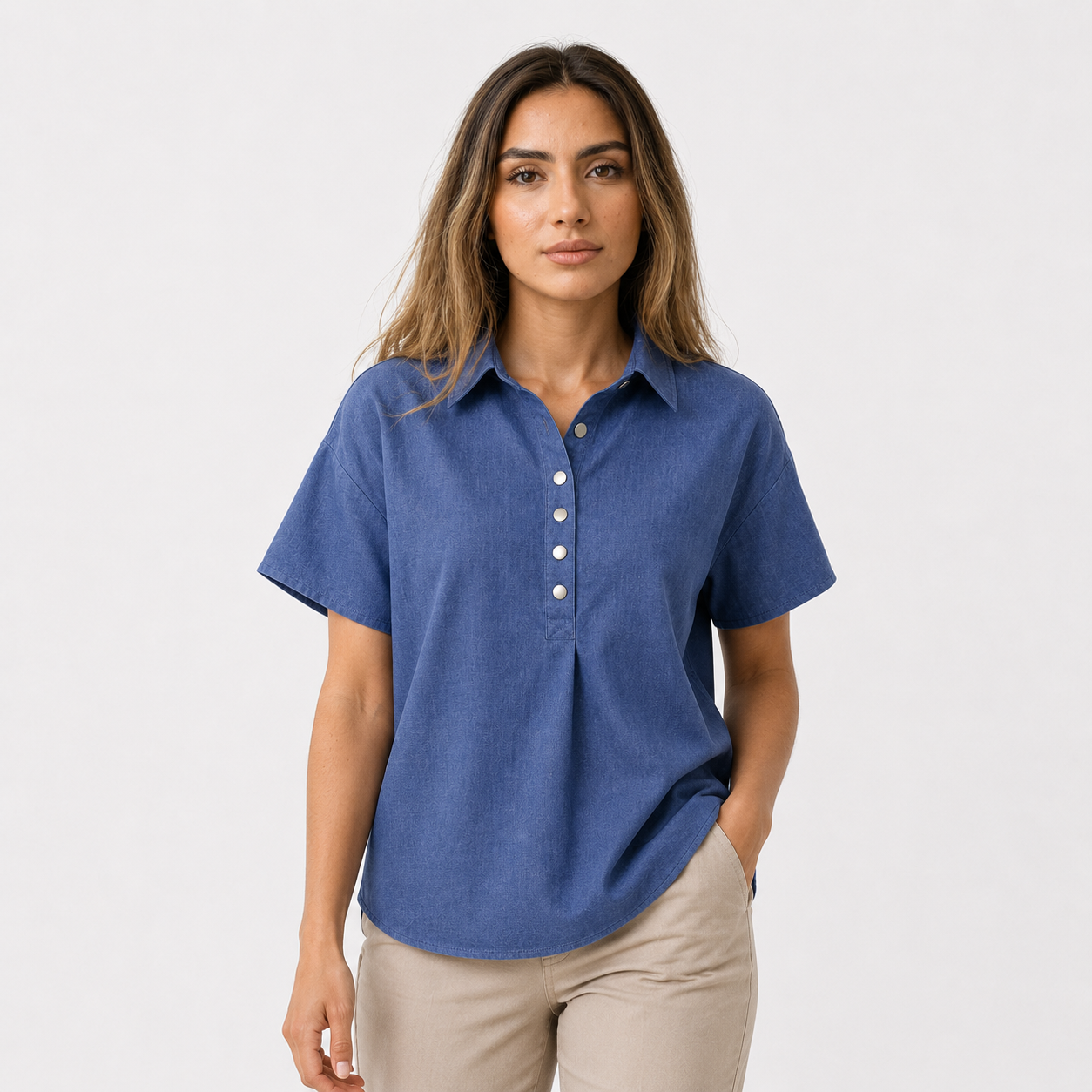 Short-Sleeved Cotton Blend Shirt Casual Fit with Collar Style
