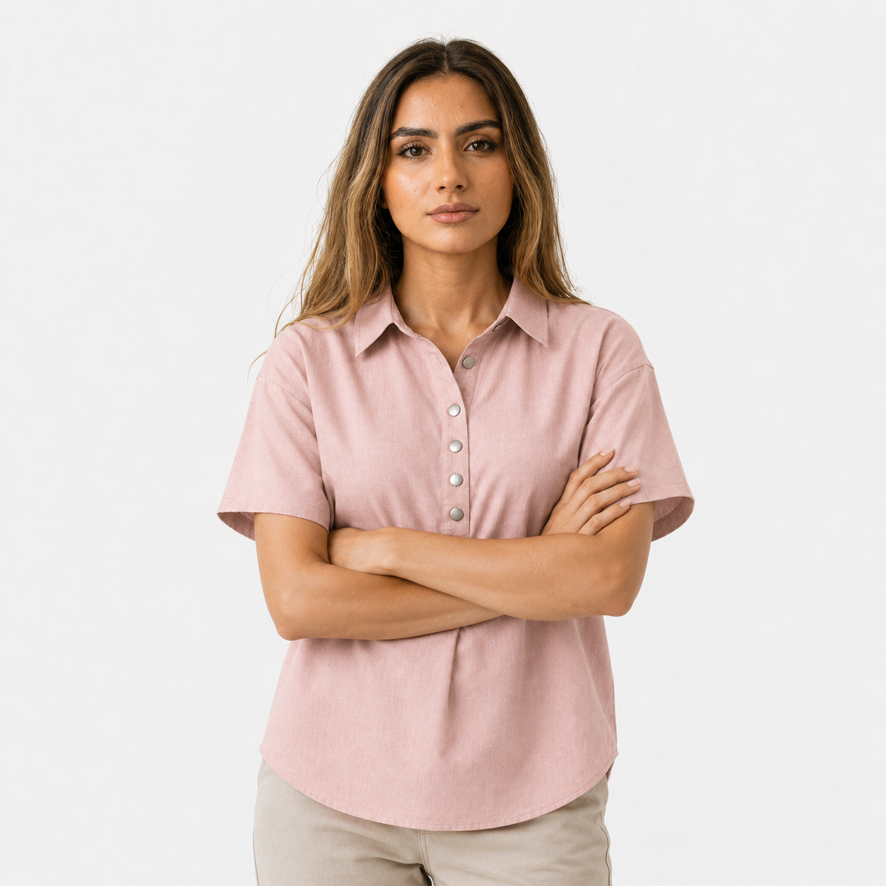 Short-Sleeved Cotton Blend Shirt Casual Fit with Collar Style