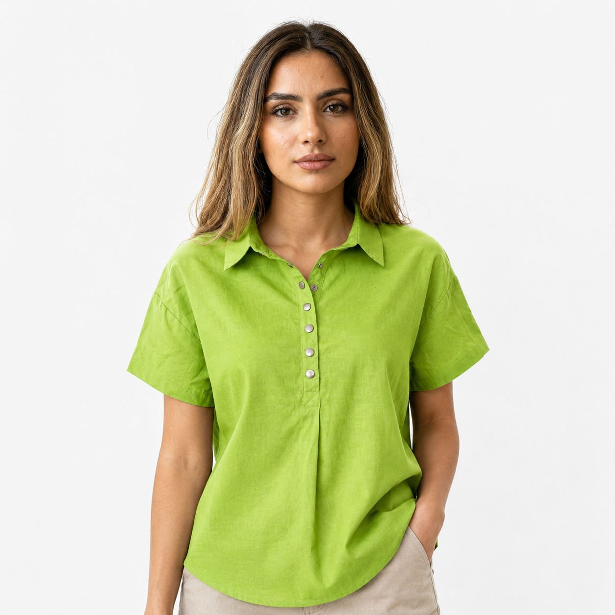 Short-Sleeved Cotton Blend Shirt Casual Fit with Collar Style