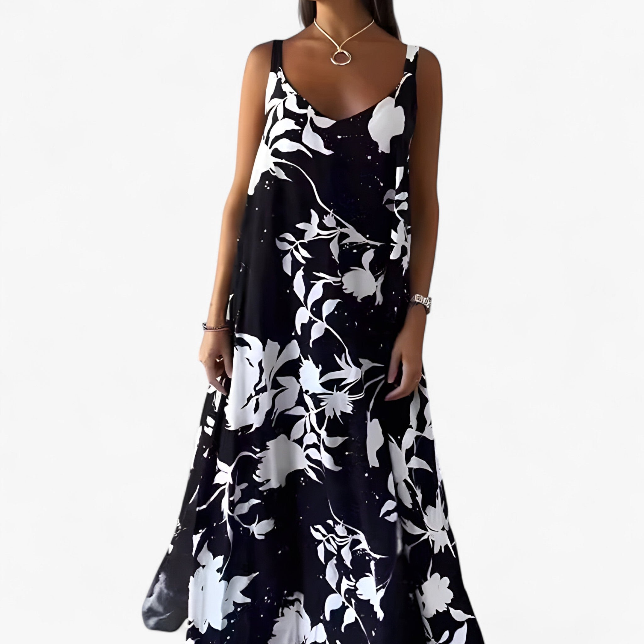 Daniela | Kvinders Bomuld Blomster Maxi Kjole - Sort - Maxi Kjoler - {{ product_tags }