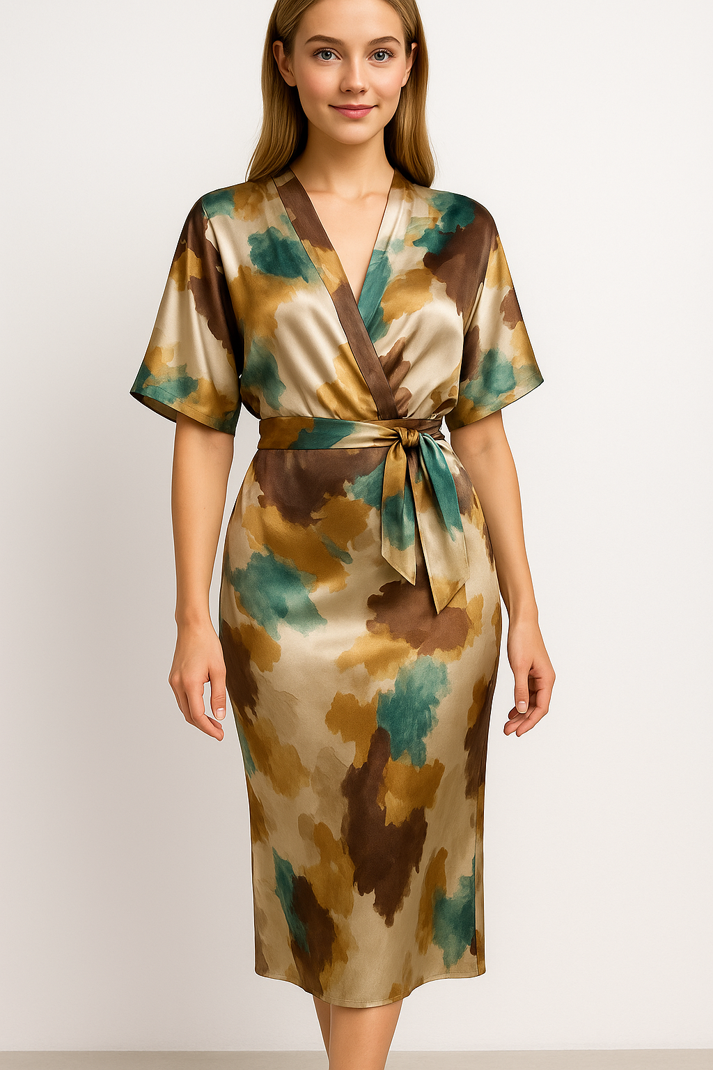 Geneva | Kvinders Elegant Satin Kjole med Abstrakt Print - - Kvinders Kjoler - {{ product_tags }