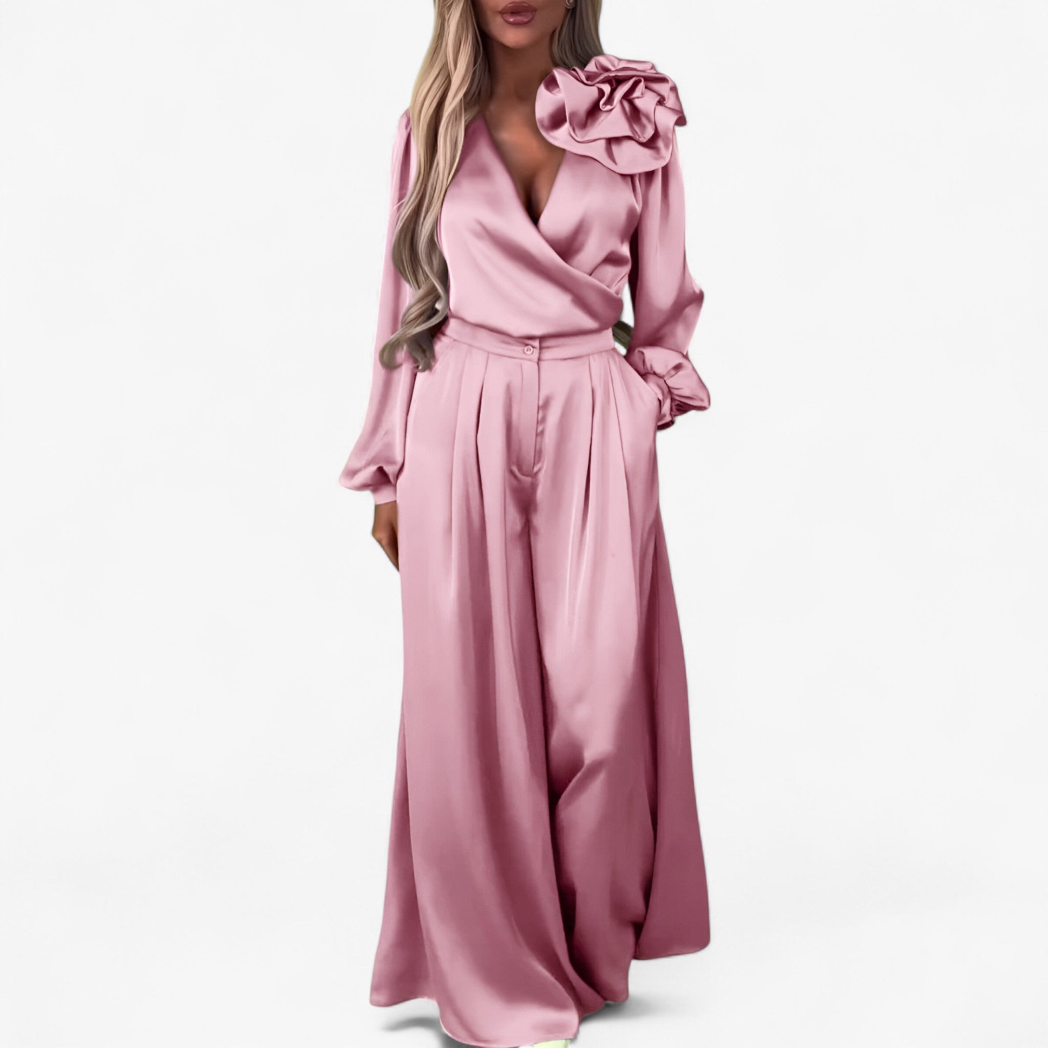 Leona | Kvinders Polyester Sæt med V-hals og Brede Bukser - Rosa - Kvinders tøj - {{ product_tags }