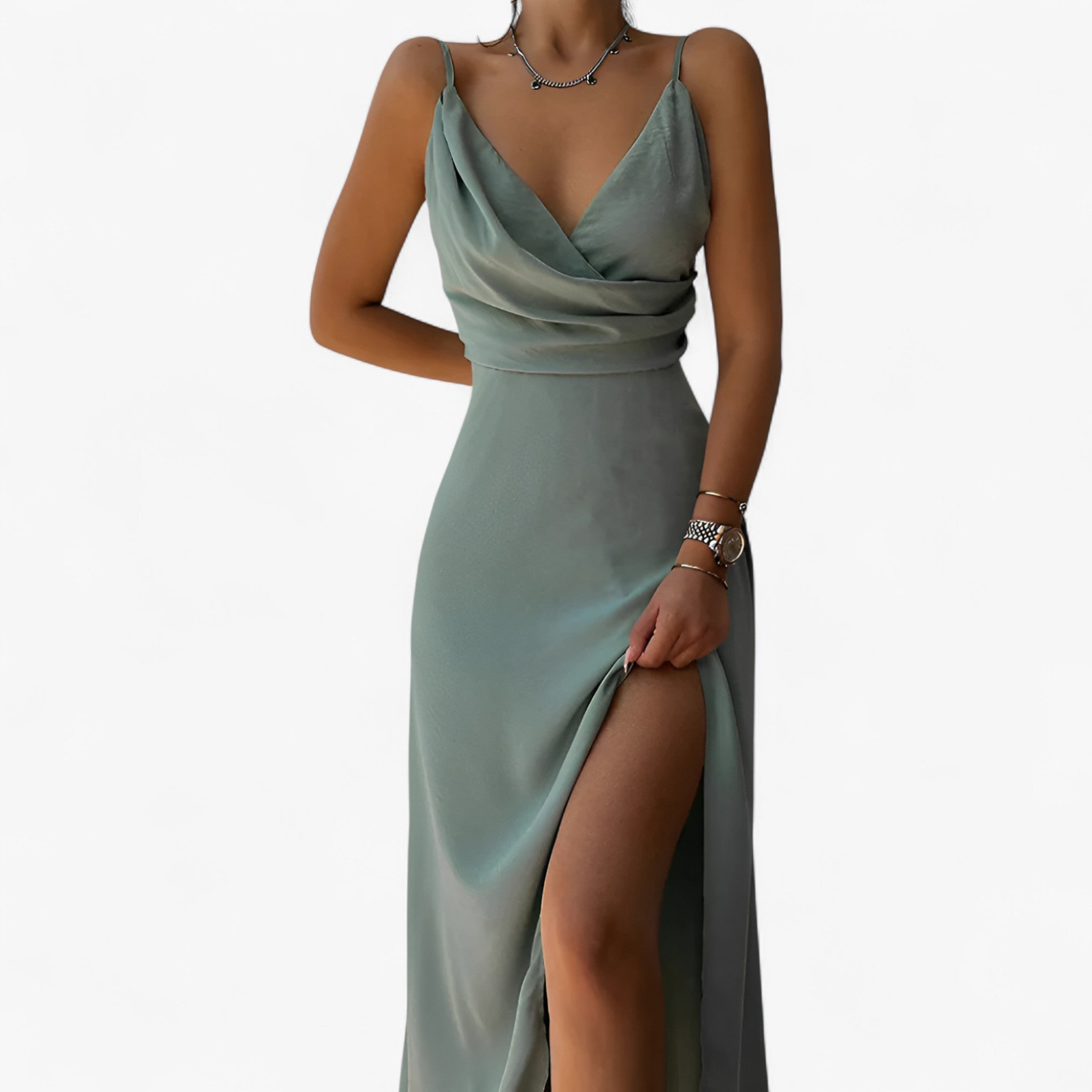 Katia | Kvinders Satin Maxi Kjole - Sage - Kvinders Kjoler - {{ product_tags }