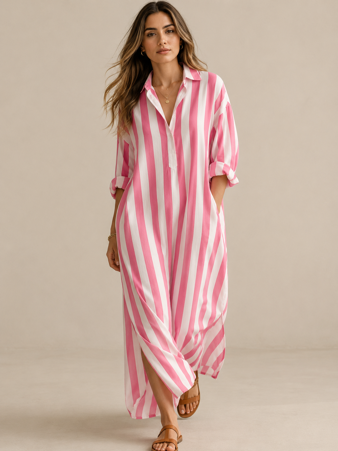 Yrsa | Lässiges gestreiftes Skjorte Boho-Stil Maxi-Kjole