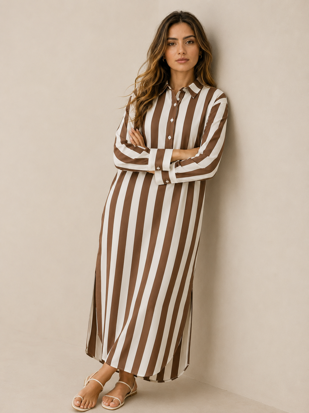 Yrsa | Lässiges gestreiftes Skjorte Boho-Stil Maxi-Kjole