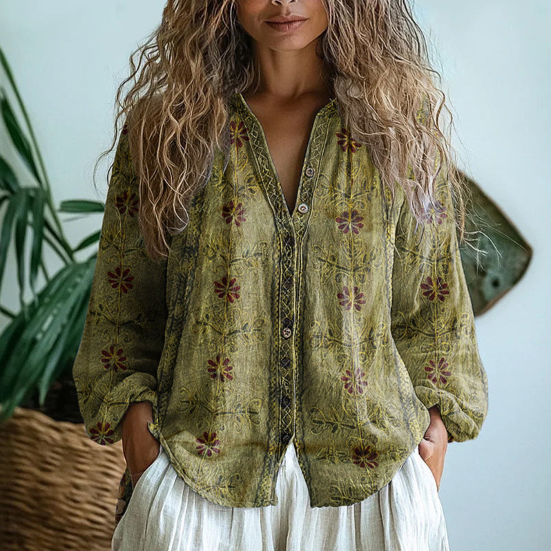 Kvinde Hørbluse med Boho Blomsterprint og V-udskæring - Grøn - Kvinder Toppe - {{ product_tags }
