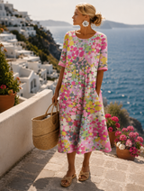 Women's Midi Summer Dress | Colorful Floral Pattern & Relaxed A-line Cut