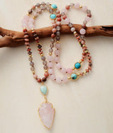 Protective necklace with rose quartz, amazonite, and jasper