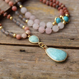 Deep cleansing pastel-colored mala pearl necklace of amazonite and rose quartz