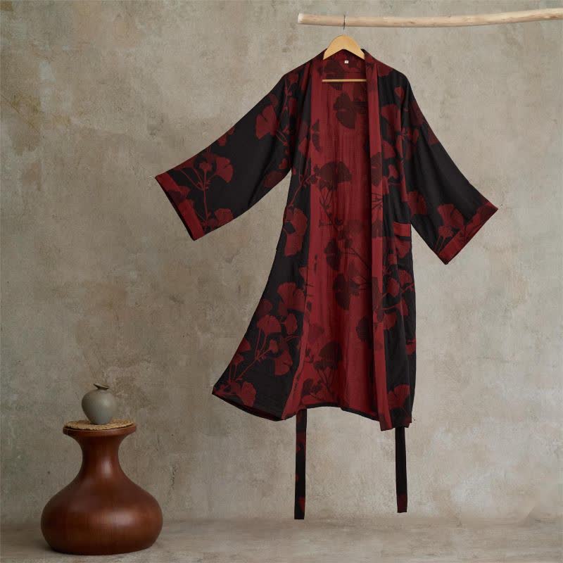 Bomuld Kimono Badekåbe med Vendbart Bladmønster - Sort & Rød - Kleding en accessoires > Kleding > Nachtkleding en loungewear > Kamerjassen - {{ product_tags }
