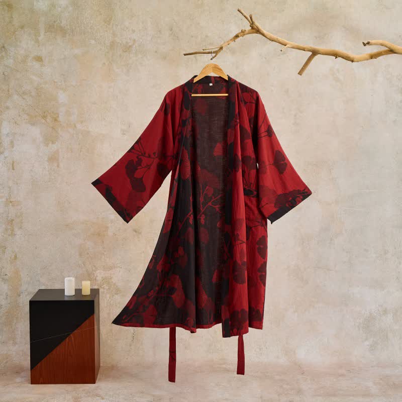 Bomuld Kimono Badekåbe med Vendbart Bladmønster - Rød & Sort - Kleding en accessoires > Kleding > Nachtkleding en loungewear > Kamerjassen - {{ product_tags }