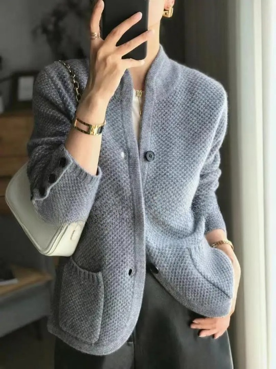 Dame Bloed Cashmere-Stil Knap-Cardigan - Graa - Cardigan - {{ product_tags }