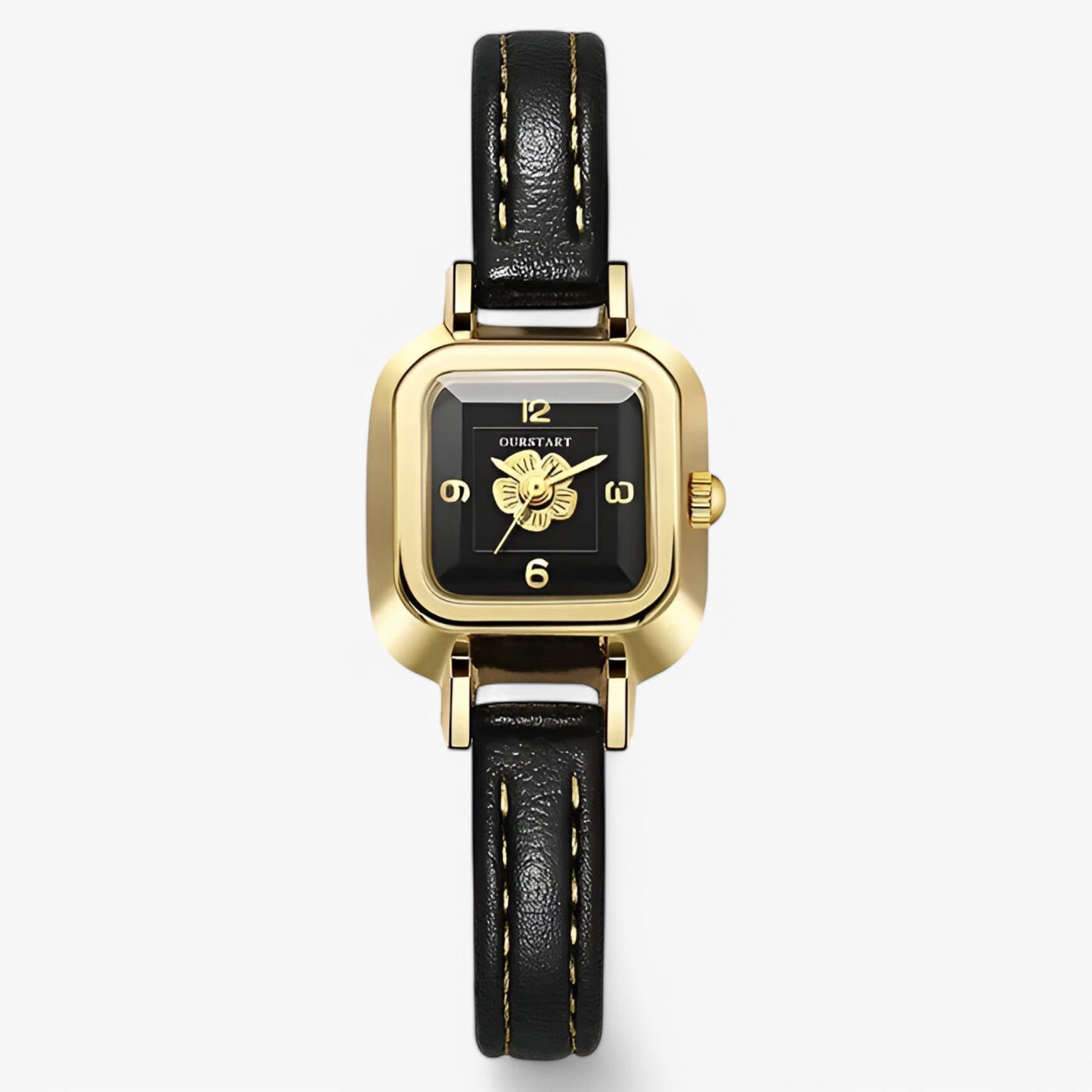 Carol | Dameur med blomster urskive og smal læderrem - Sort - watches - {{ product_tags }