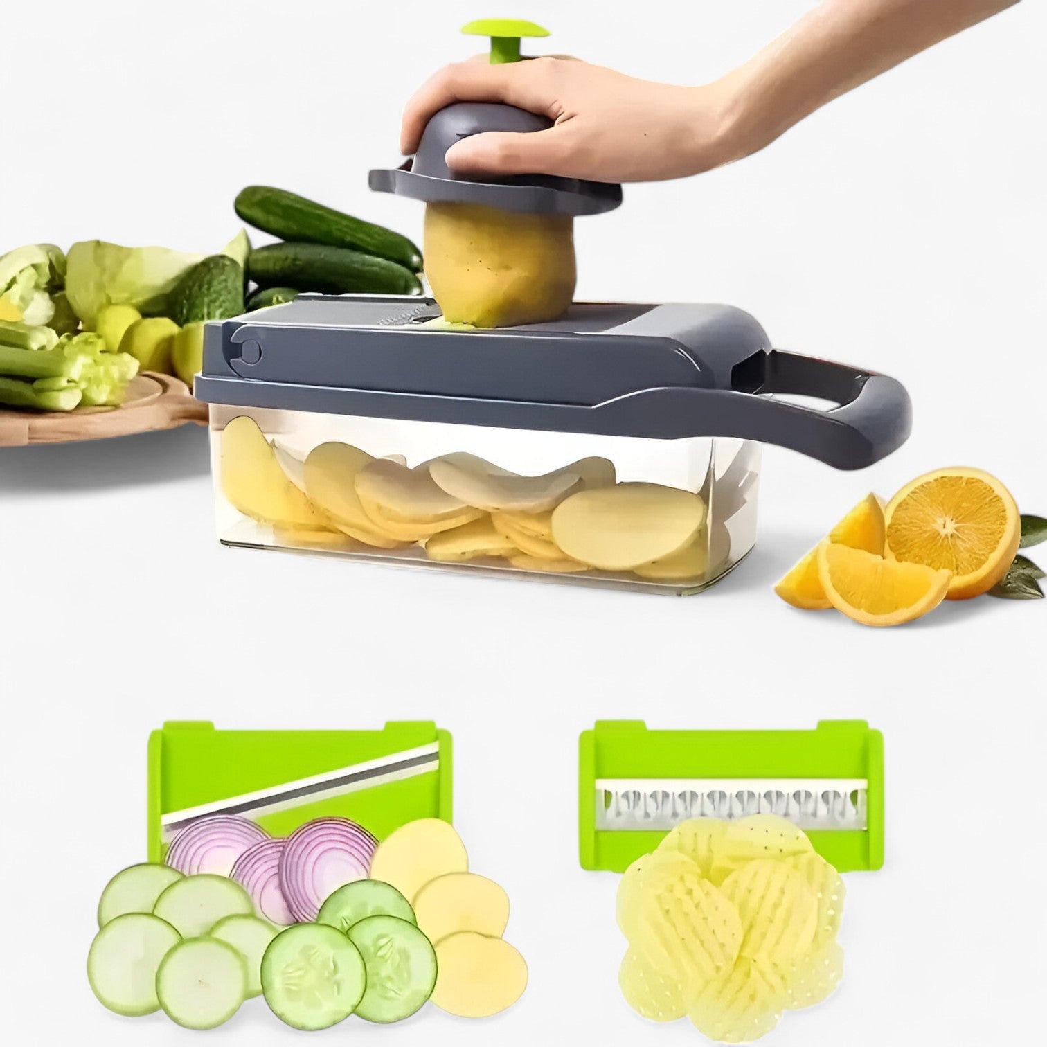 Maya | Alsidig grøntsagsskærer til nem tilberedning - 14 i 1 grå - Maya | Alsidig grøntsagsskærer til nem tilberedning- €25 - {{ product_tags }