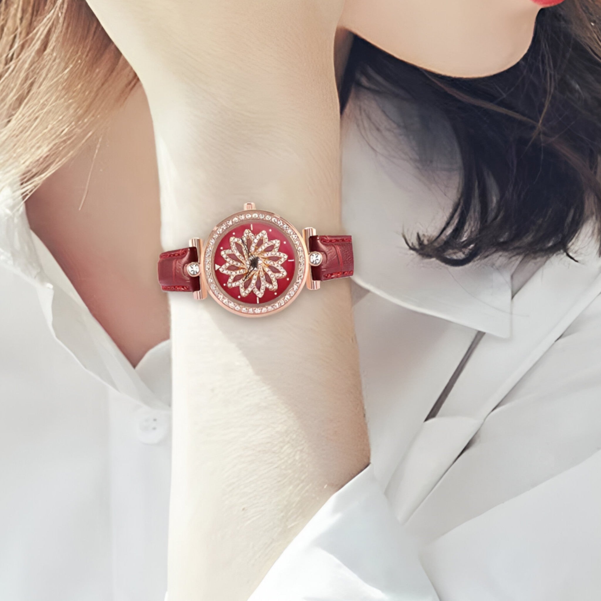 Brenda | Dameur med roterende blomster urskive og elegant mesh-rem - - watches - {{ product_tags }