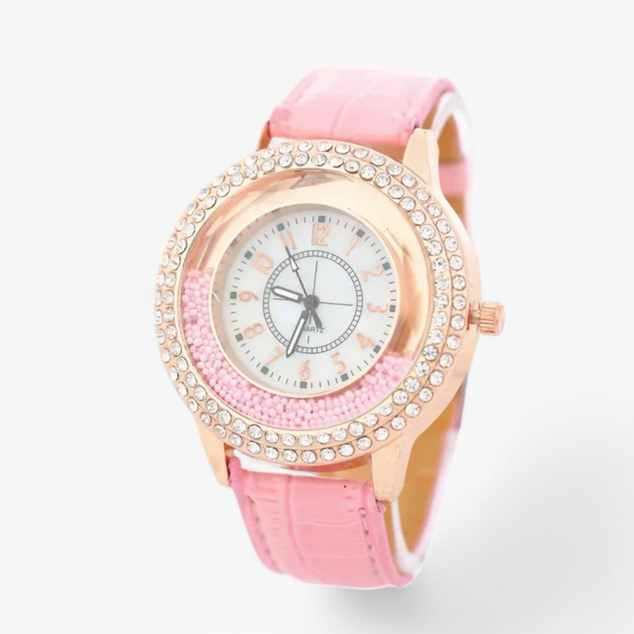Oliven | Dameur lavet af PU læder med krystalsten og quartz urværk - lyserød - watches - {{ product_tags }