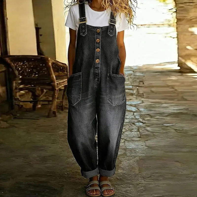 Mara - Vintage bløde bomulds-denim-look overalls med justerbare stropper