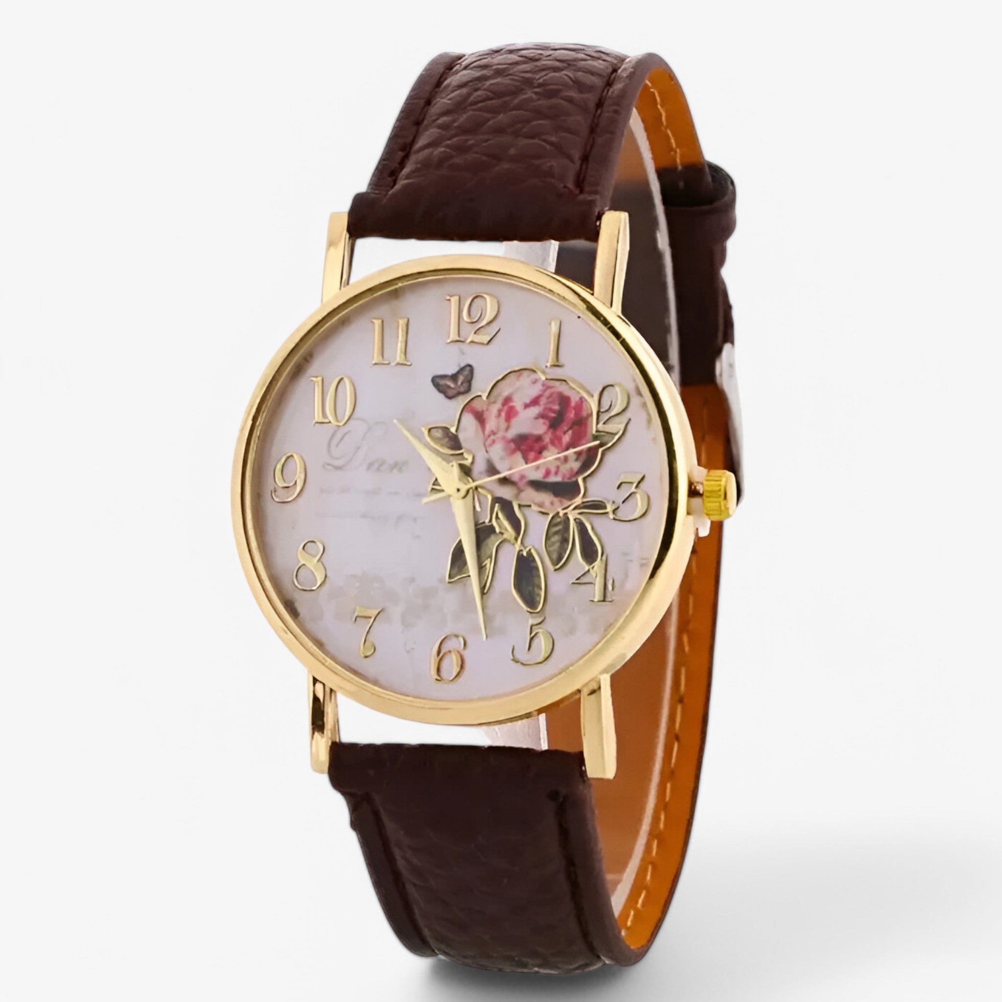 Lara | Elegant ur med pink blomst og imiteret læderrem - Brun - watches - {{ product_tags }